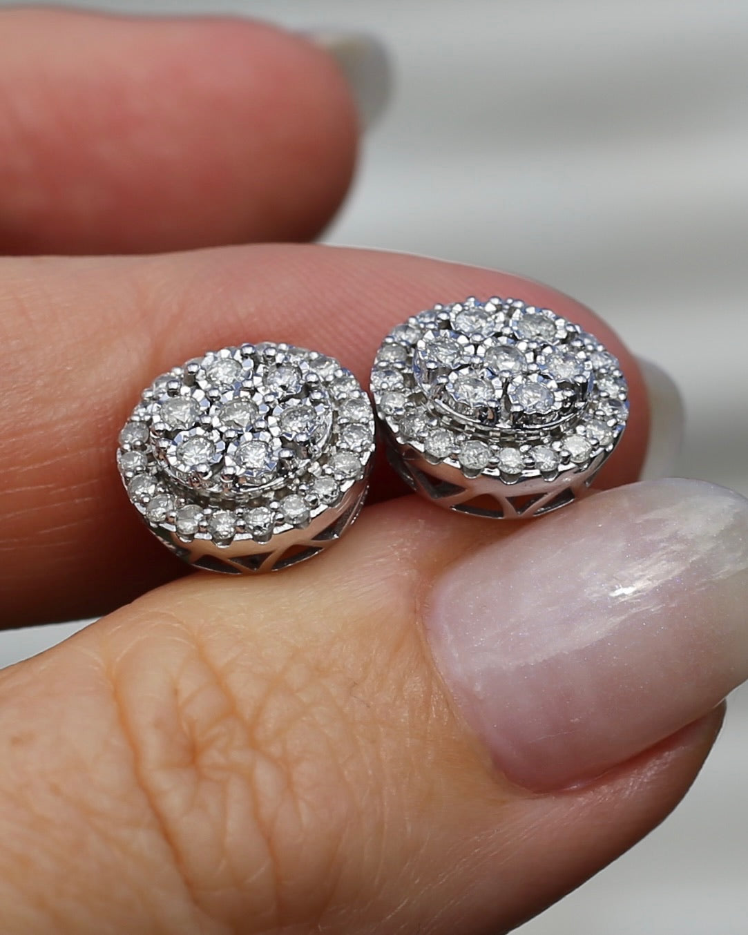 Diamond Cluster Studs, Sterling Silver, 5.58g