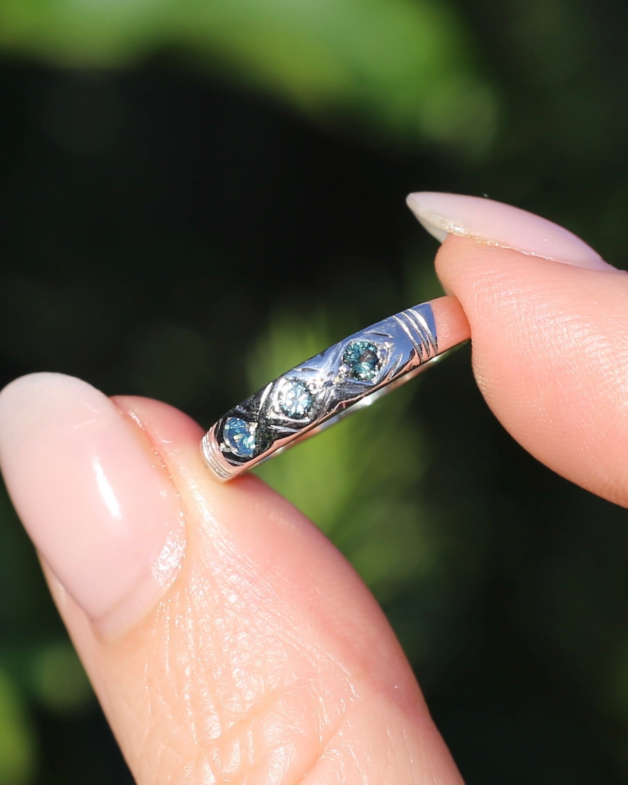 ON HOLD Australian Parti Sapphire Trilogy, 9ct White Gold Band, size N1/2 or just under 7, 2.67g
