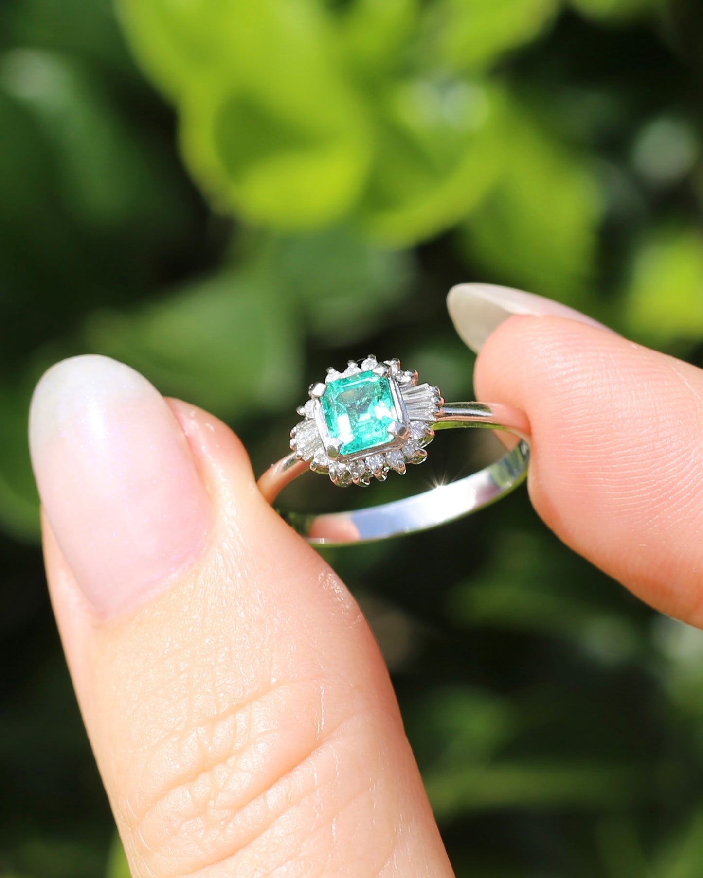 Natural Square Step Cut Emerald and Diamond Baguette Ballerina Skirt, Platinum Ring, size O or 7.25
