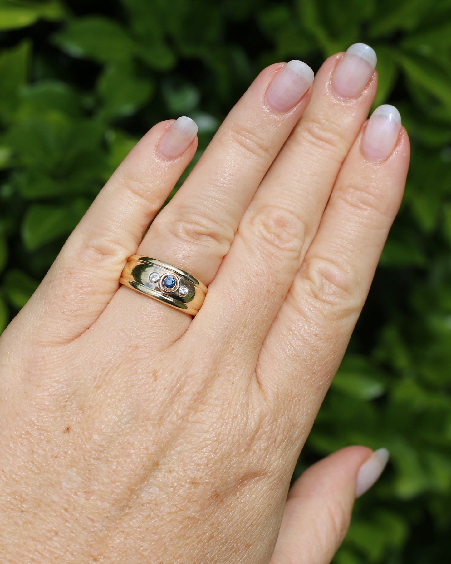 Bezel Set Parti Sapphire and Diamond Trilogy, Chunky Yellow Gold, size O1/2 or 7.5 (will fit smaller due to width)