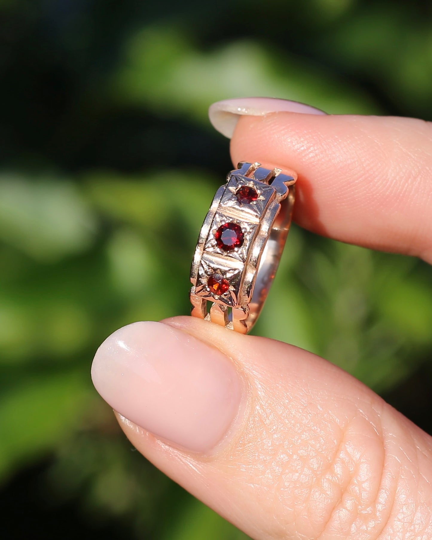 Vintage Victorian Revival Garnet Trilogy Star Set Ring, 9ct Rosey Gold, size P or 7.75, 3.16g