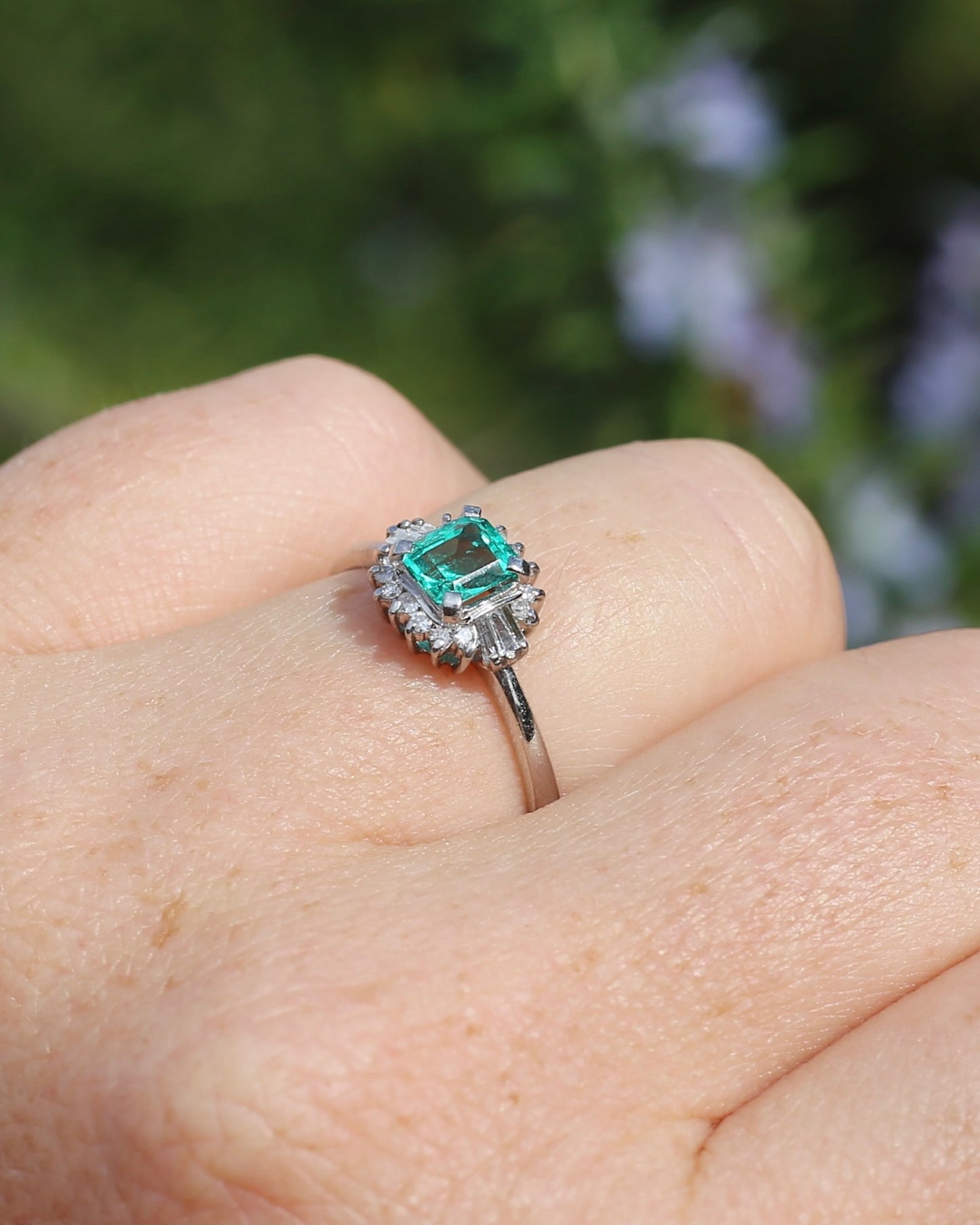 Natural Square Step Cut Emerald and Diamond Baguette Ballerina Skirt, Platinum Ring, size O or 7.25