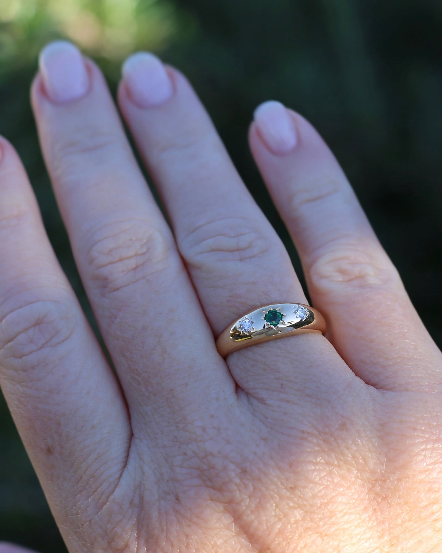 1975 Made Natural Emerald and Diamond Star Set Trilogy, 18ct Yellow Gold, size 7.75 or just under P1/4
