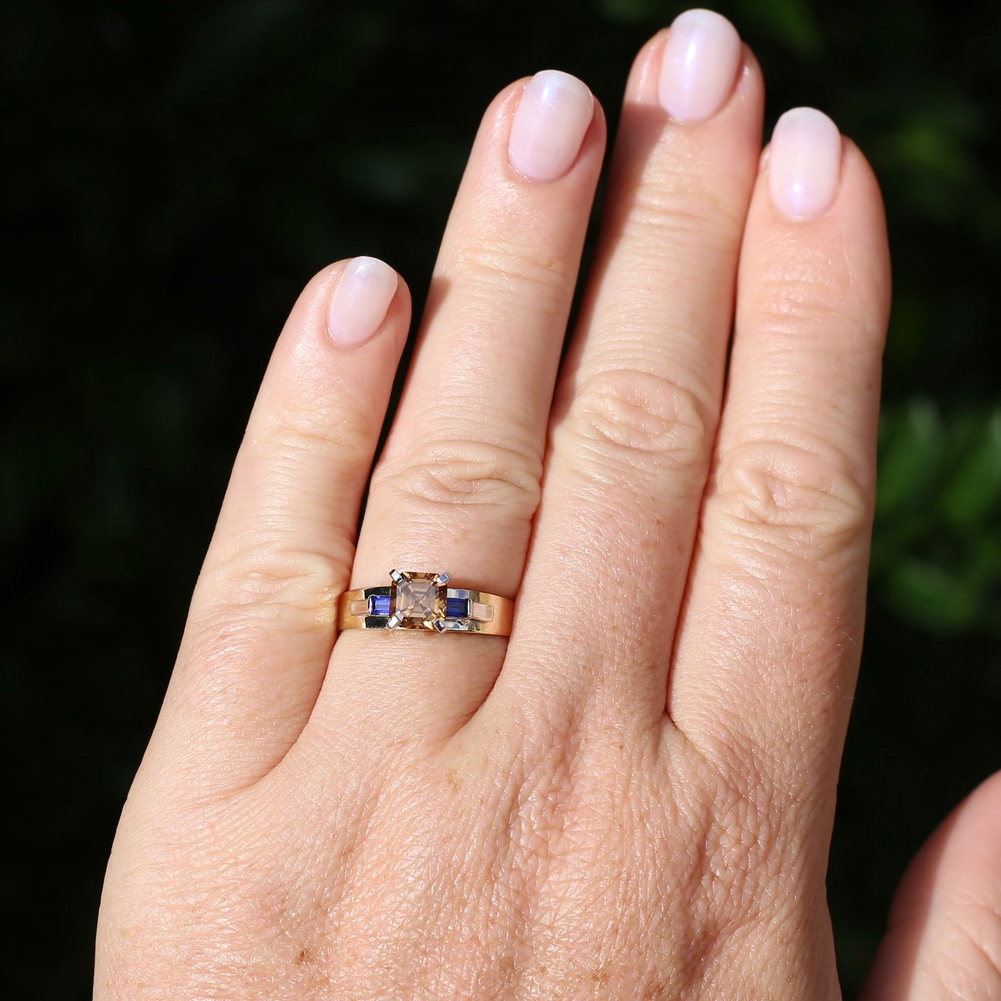 1.74ct Asscher Cut Cognac Zircon with Baguette Synthetic Sapphires in Mixed White and Yellow Gold 9ct Ring, size 8.75 or just over R