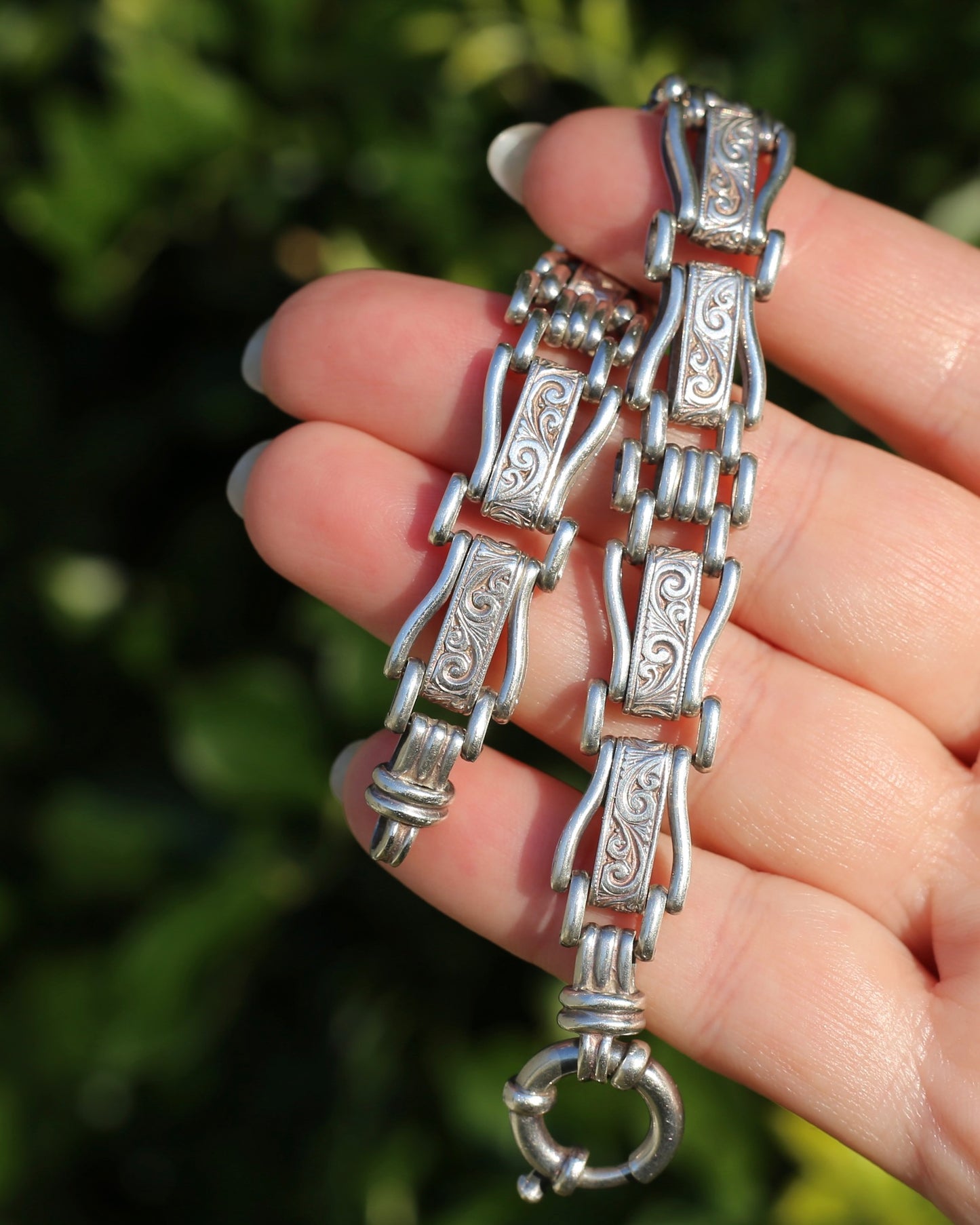 Fancy Link Engraved Bracelet, Sterling Silver, With Italian Bolt Clasp, 24.3g, 19cm