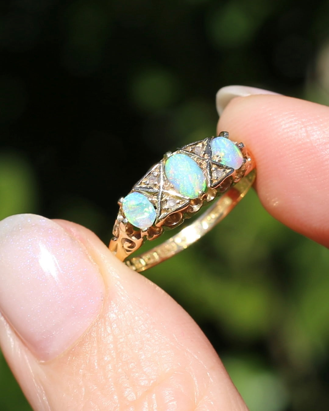 ON HOLD Antique 1907 Opal and Rose Cut Diamond Bridges Ring, 18ct Yellow Gold, size 8 or Q