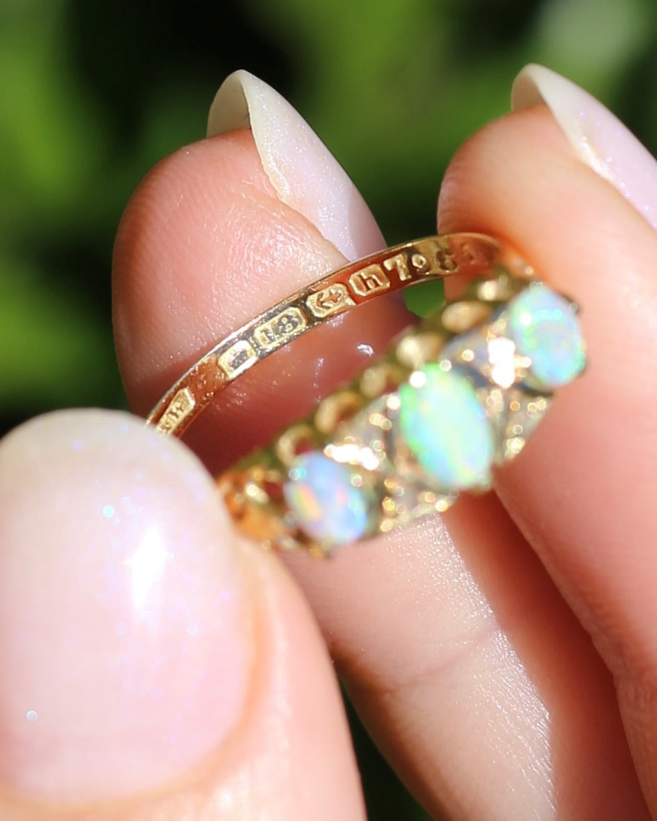 ON HOLD Antique 1907 Opal and Rose Cut Diamond Bridges Ring, 18ct Yellow Gold, size 8 or Q