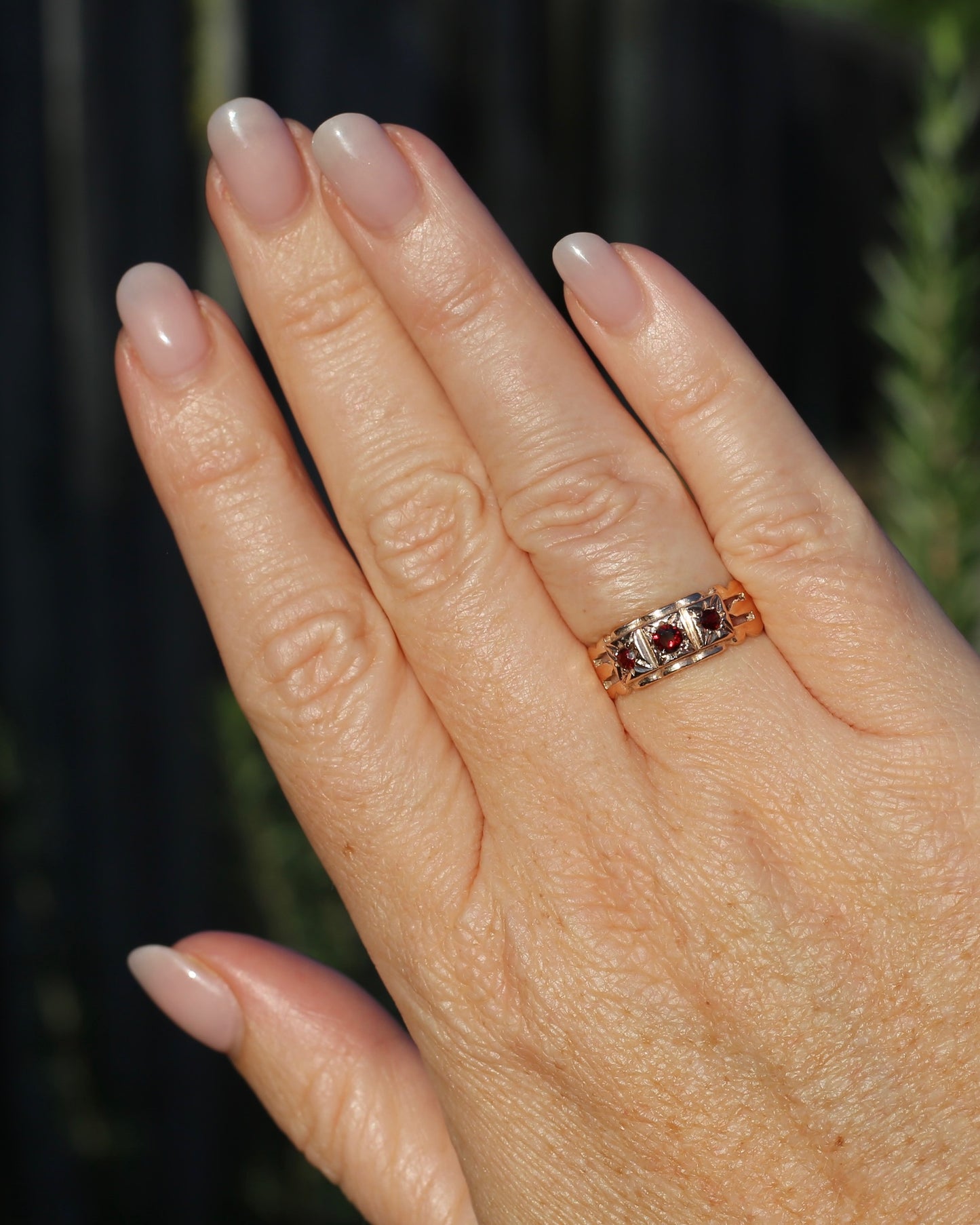 Vintage Victorian Revival Garnet Trilogy Star Set Ring, 9ct Rosey Gold, size P or 7.75, 3.16g