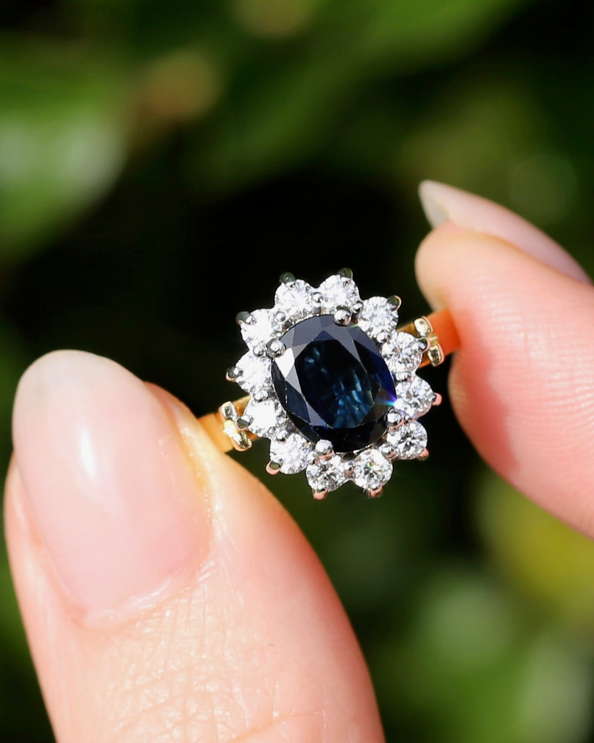 Vintage c1980s Diana Halo, Natural Sapphire and Diamond Halo, 18ct Yellow and White Gold, size P or 7.75 with valuation