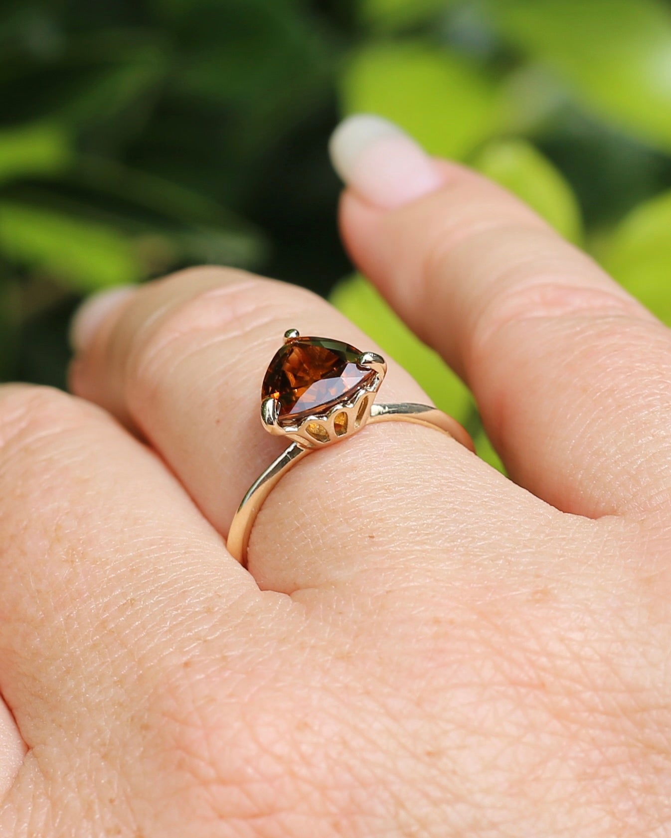 3.3ct Trillion Cut Whisky Coloured Zircon, 9ct Yellow Gold, size O or 7