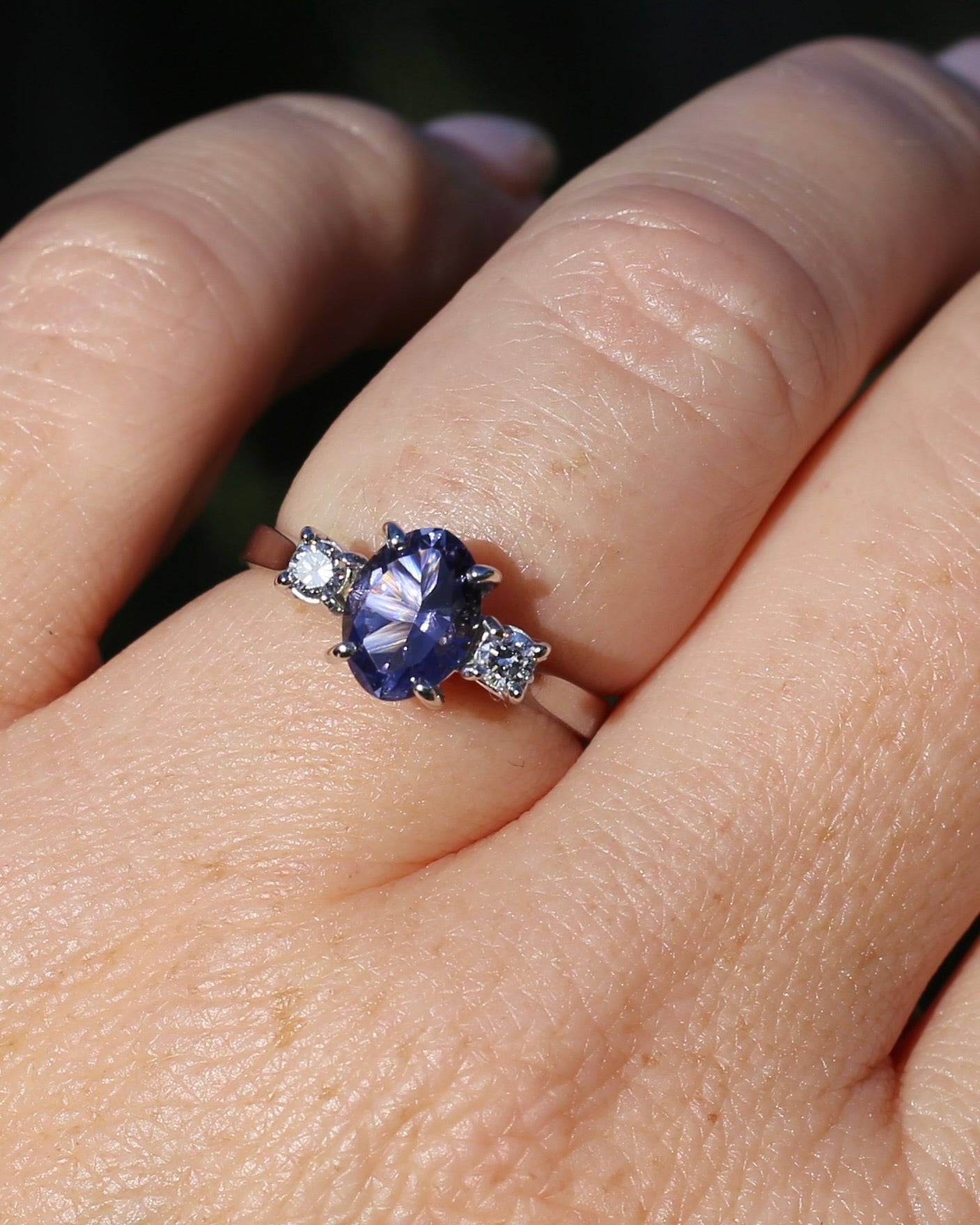 1.05ct Hand Cut Australian Iolite and Diamond Trilogy, 9ct White Gold, Size N or 6.75, 3.05g