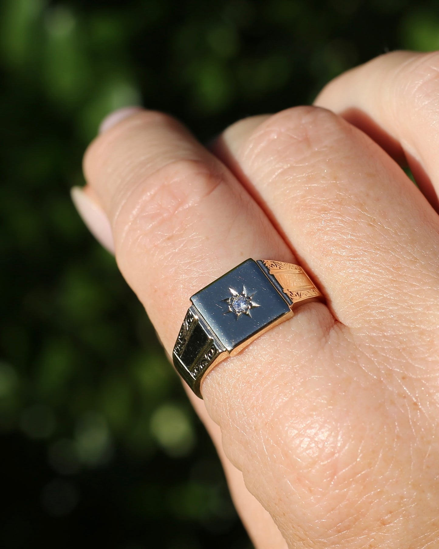 1984 Made Vintage Star Set Diamond Signet Ring, 9ct Yellow Gold, size V or 10.5