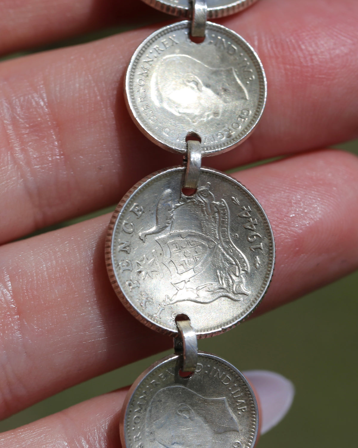 WWII Lucky Sixpence and Threepence Bracelet - coins 1938, 1942, 1943, 1944, 92.5% silver, 17.5cm or just under 7 inches, 19.83g