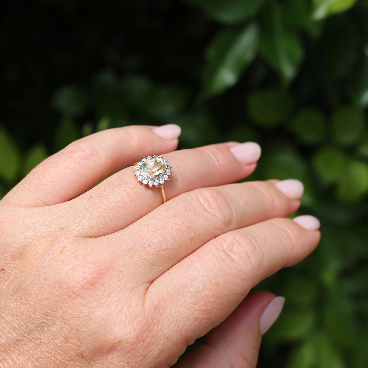 1.47ct Rare Light Pinkish Yellow Feldspar (Orthoclase) with Diamond Halo, 9ct Yellow Gold, size M or 6.25, with valuation