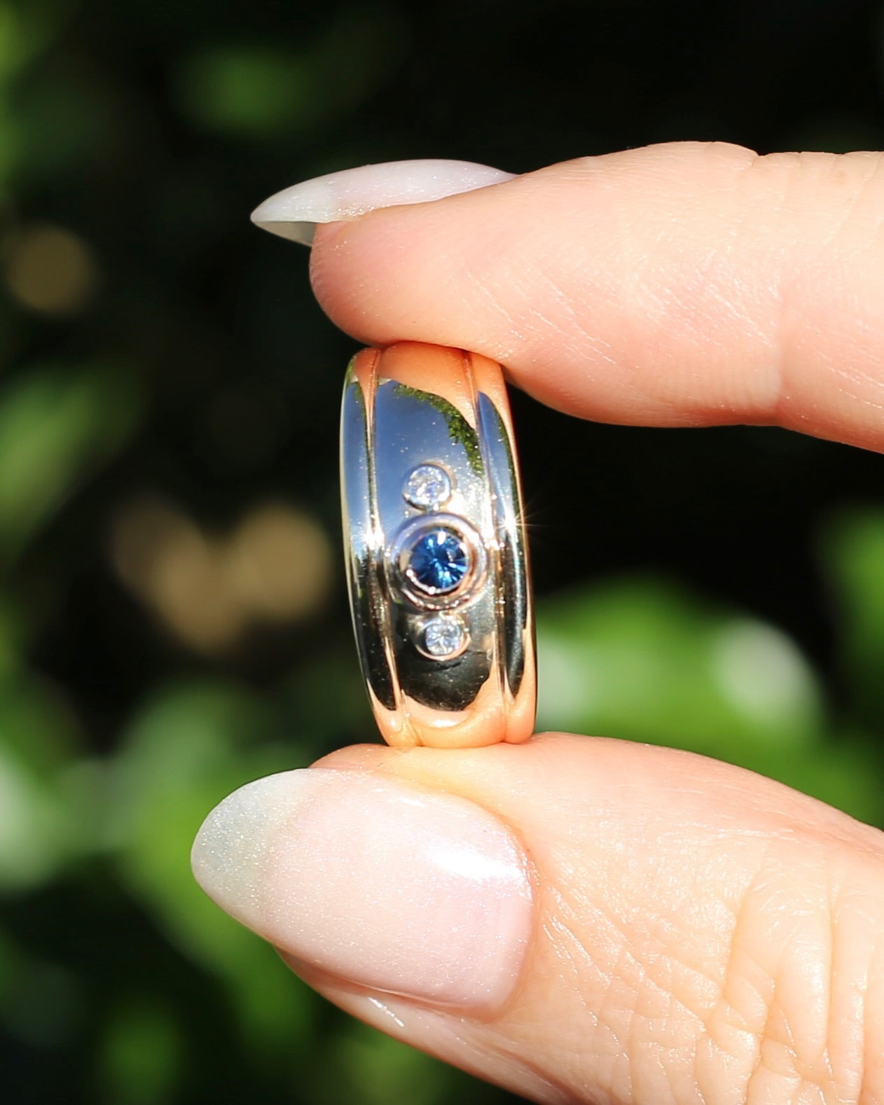 Bezel Set Parti Sapphire and Diamond Trilogy, Chunky Yellow Gold, size O1/2 or 7.5 (will fit smaller due to width)
