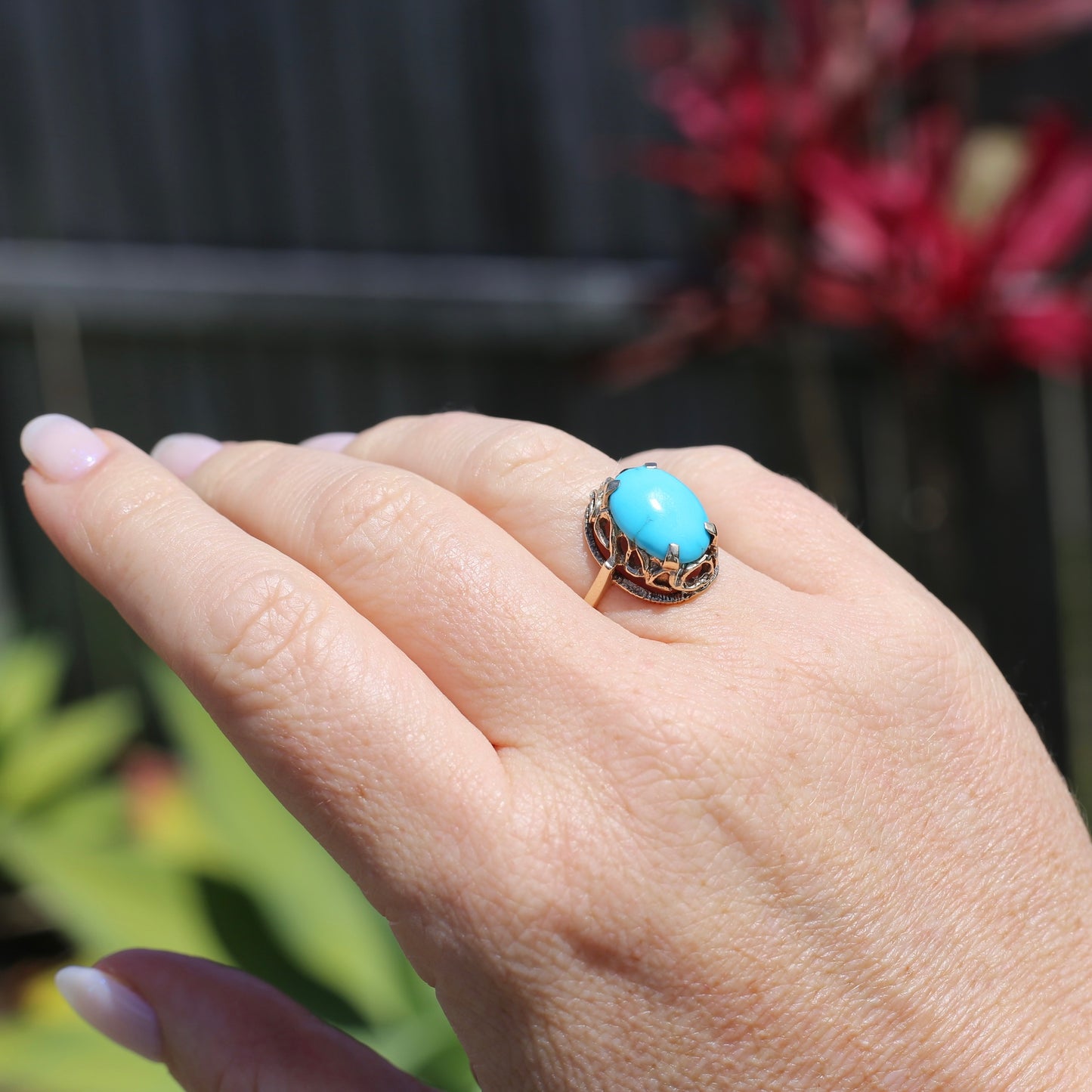Vintage Hand Carved Filigree and Natural Turquoise Cabochon Ring, 9ct Yellow Gold, size 7.5 or O1/2