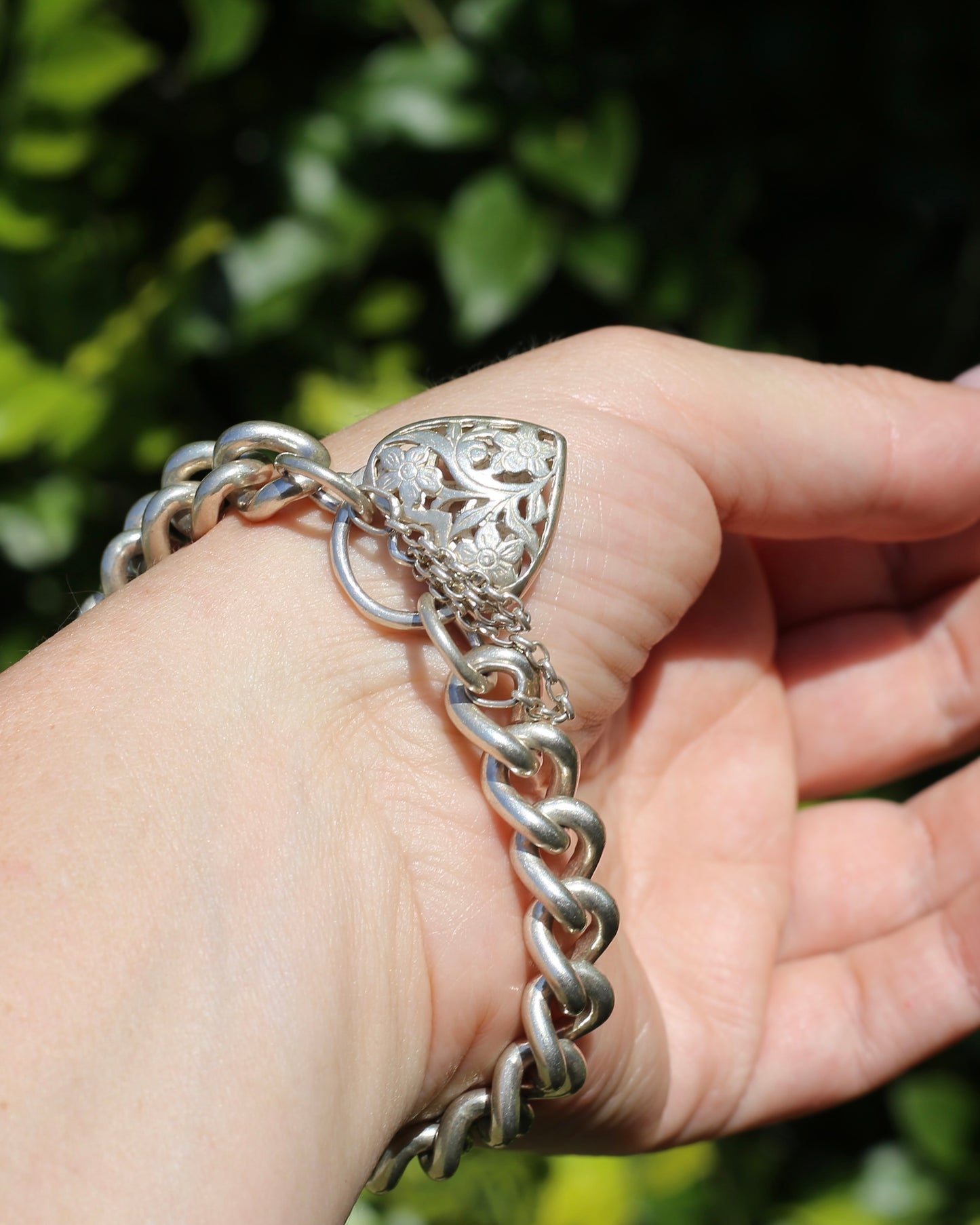 Chunky Curb and Filigree Heart Padlock Bracelet, Sterling Silver, 60.2g