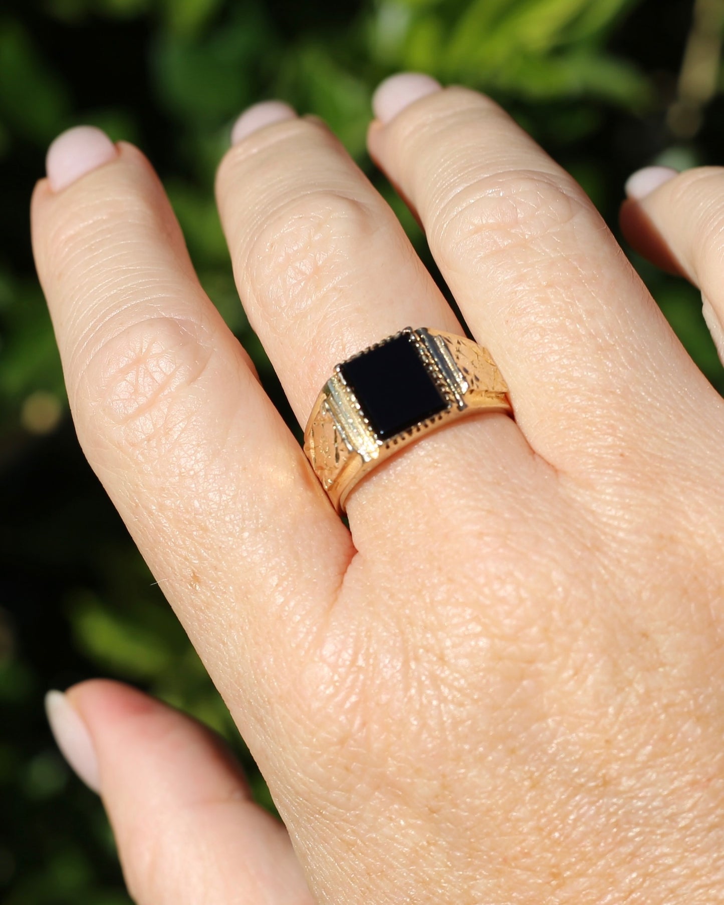 Chunky 1979 Onyx Signet with Floral Shoulders, 9ct Yellow Gold, size 10 or U
