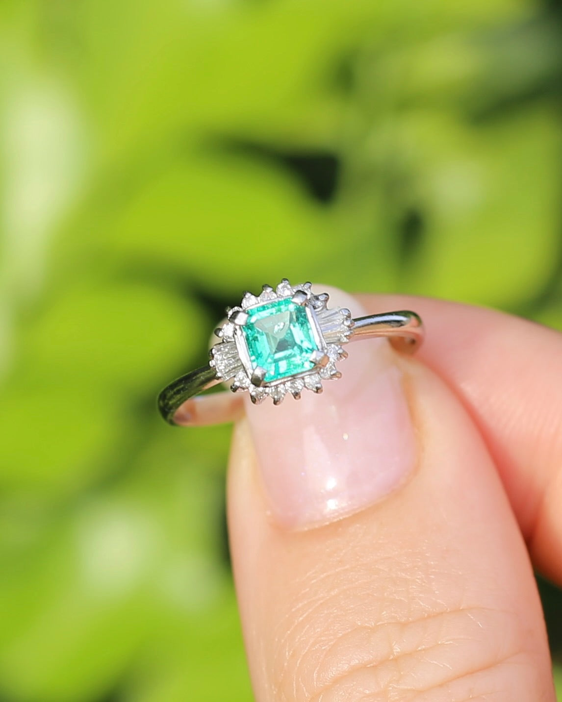 Natural Square Step Cut Emerald and Diamond Baguette Ballerina Skirt, Platinum Ring, size O or 7.25