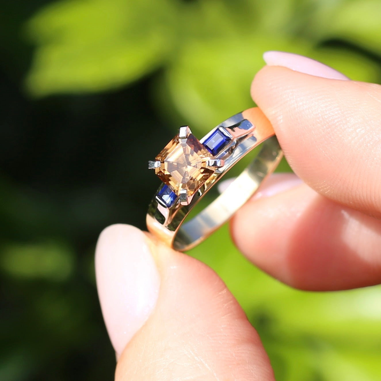 1.74ct Asscher Cut Cognac Zircon with Baguette Synthetic Sapphires in Mixed White and Yellow Gold 9ct Ring, size 8.75 or just over R