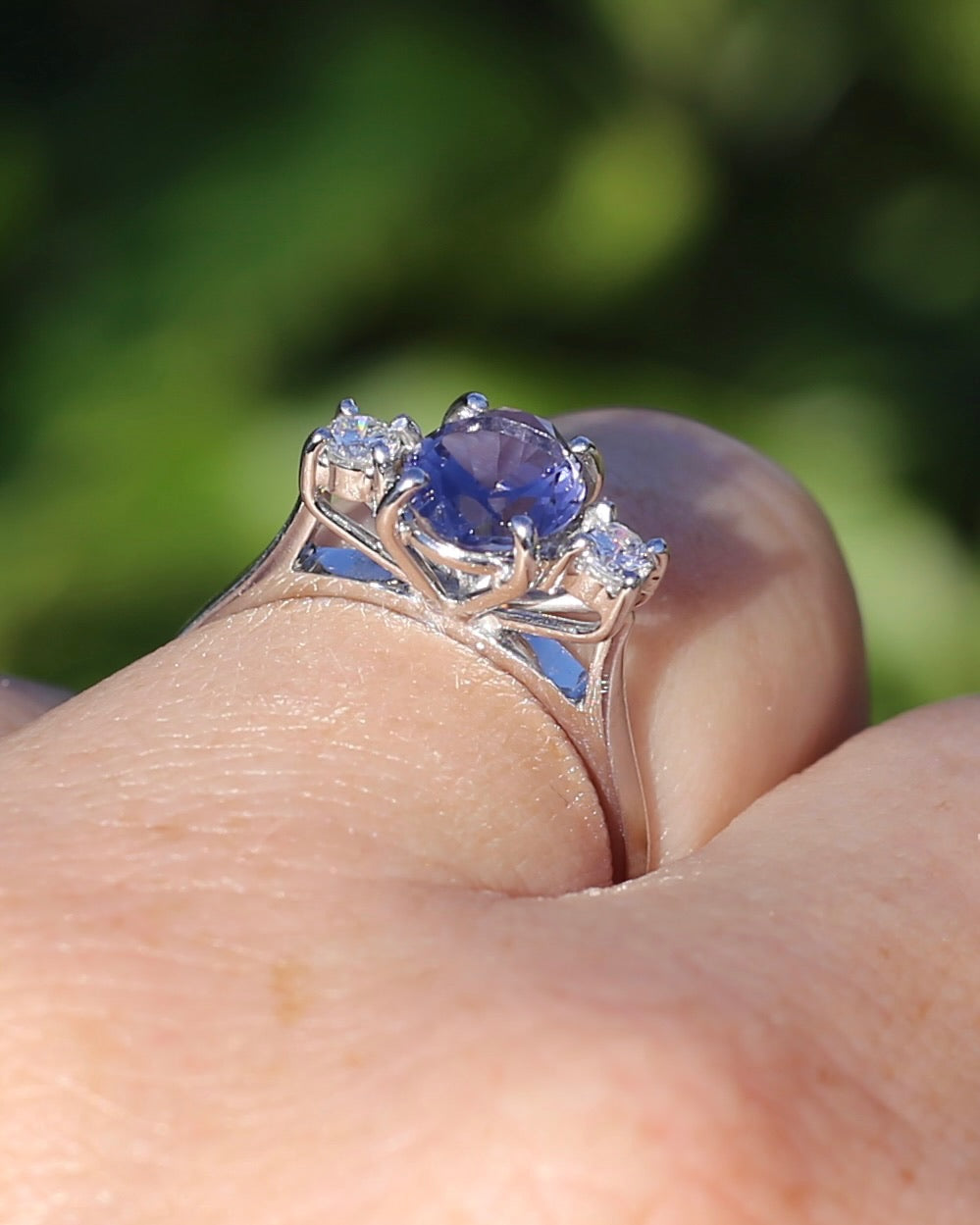 1.05ct Hand Cut Australian Iolite and Diamond Trilogy, 9ct White Gold, Size N or 6.75, 3.05g
