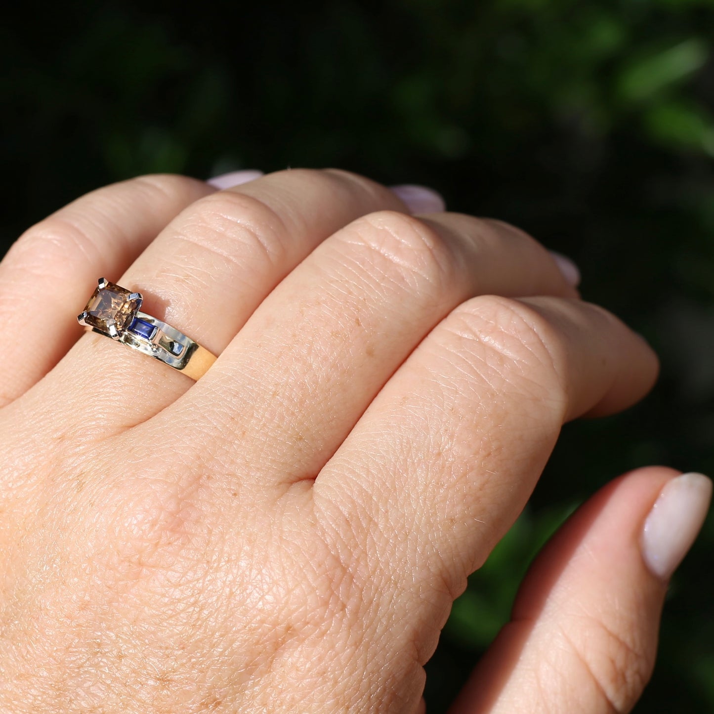 1.74ct Asscher Cut Cognac Zircon with Baguette Synthetic Sapphires in Mixed White and Yellow Gold 9ct Ring, size 8.75 or just over R