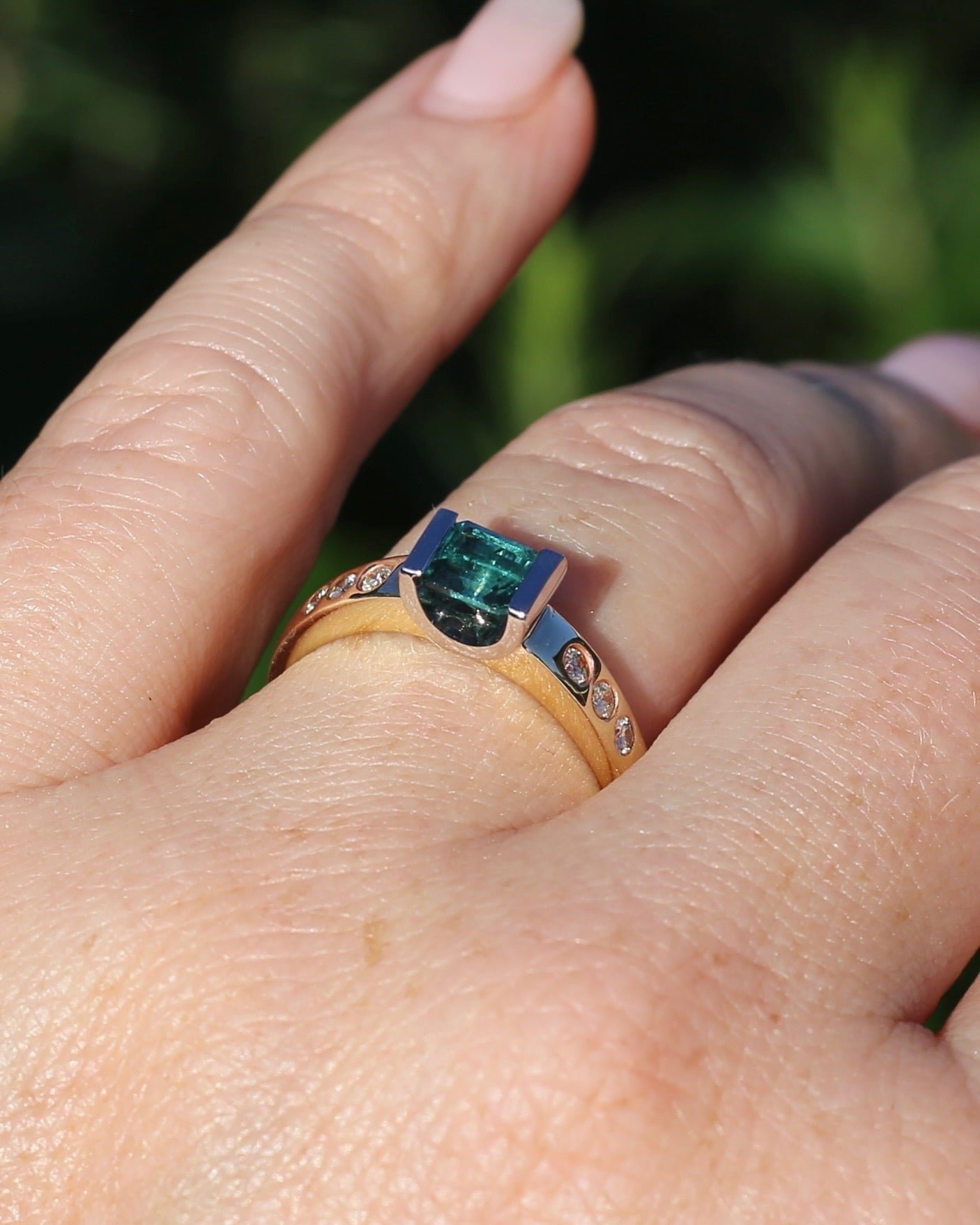 Vintage Chunky East West Set Semi Bezel Tourmaline and Flush Set Diamonds, 9ct Yellow and White Gold, size 9 or S, 4.37g