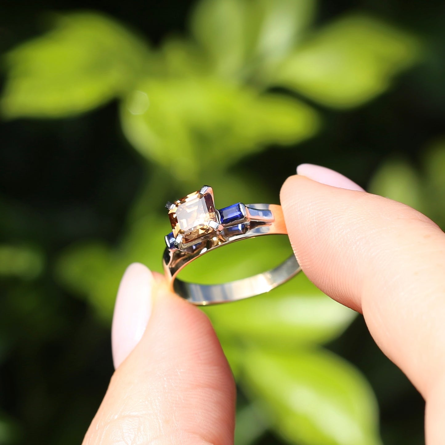 1.74ct Asscher Cut Cognac Zircon with Baguette Synthetic Sapphires in Mixed White and Yellow Gold 9ct Ring, size 8.75 or just over R