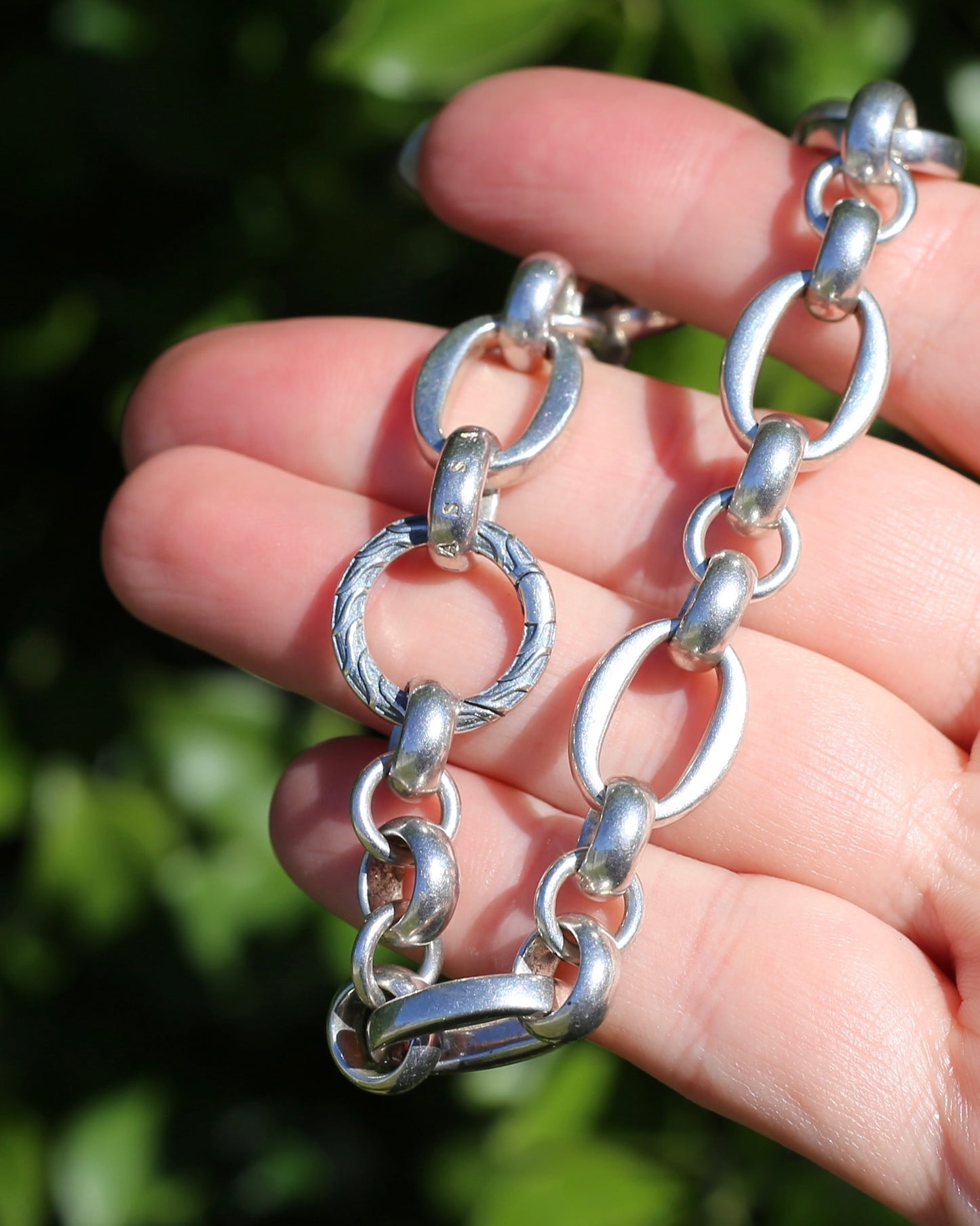 Chunky Oval and Round Linked Bracelet with Fancy Clasp, Sterling Silver, 37.9g