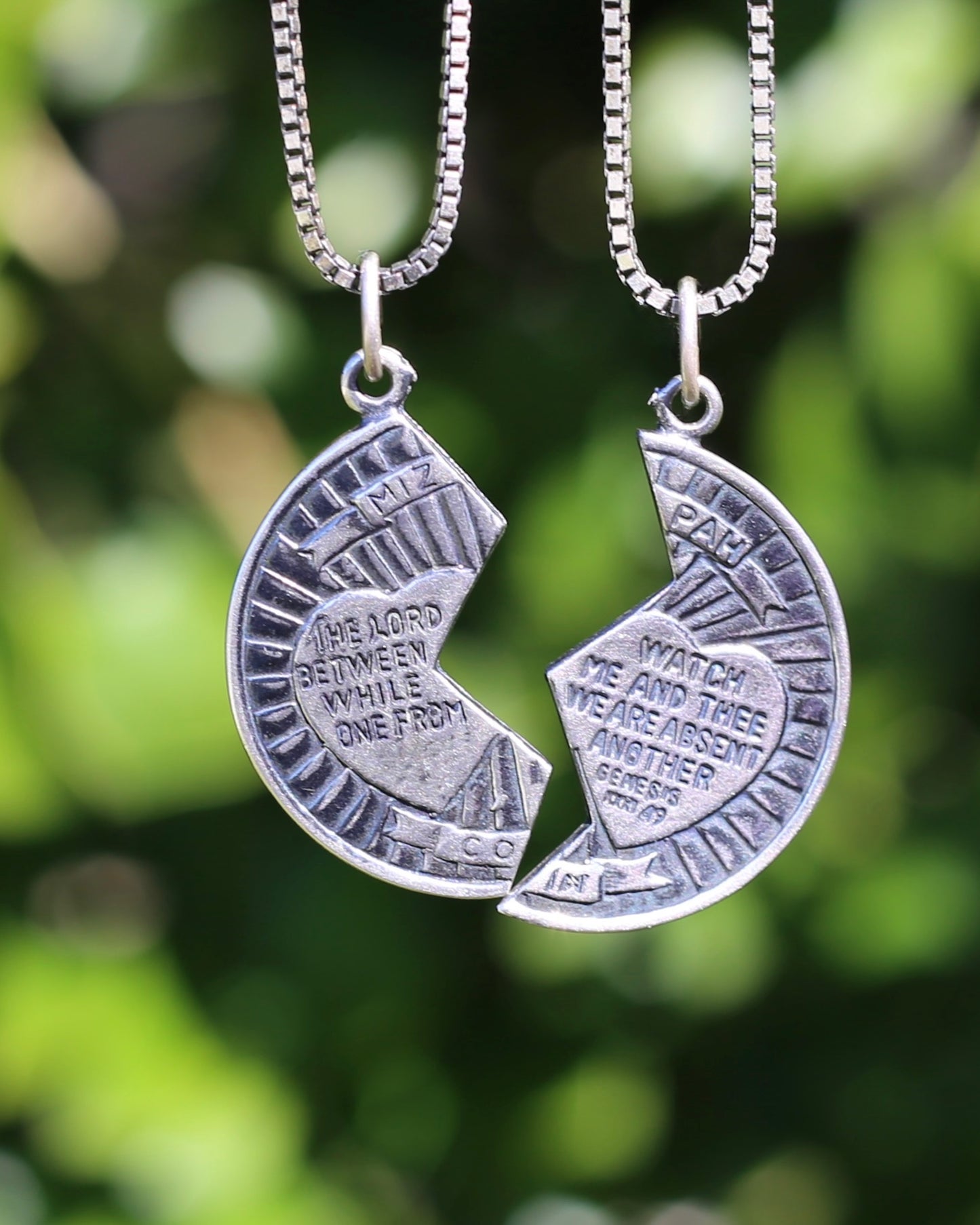 Pair of Vintage Mizpah Pendants on chains, Sterling Silver, 5g (combined) and 7.1g chains