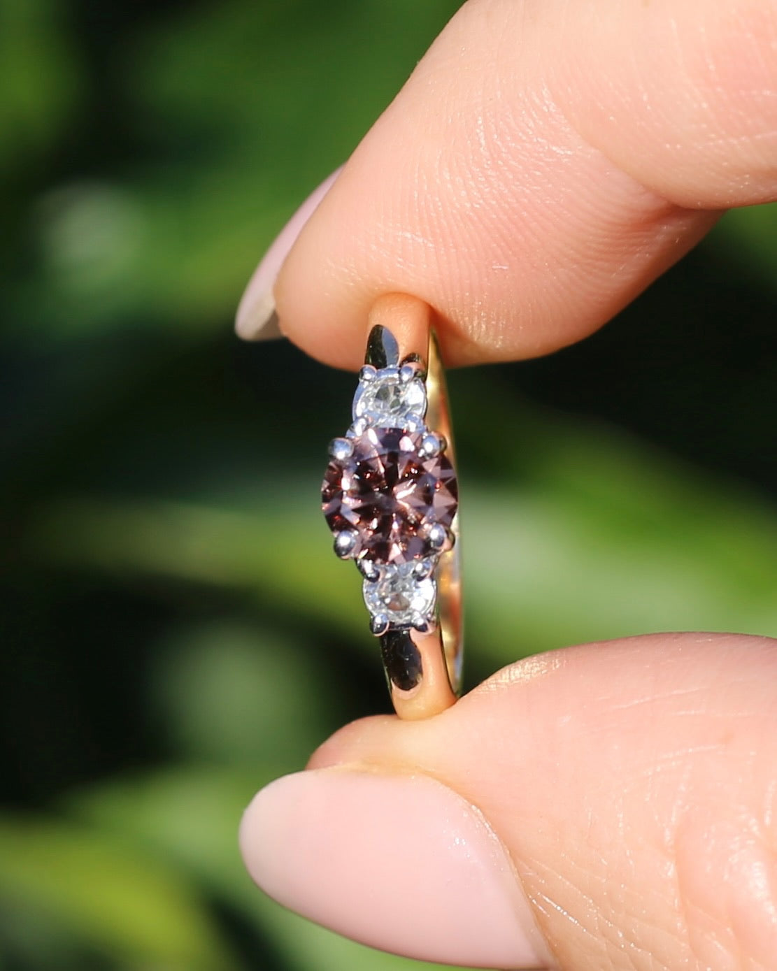 1.31ct Natural Caramel Zircon and Old Cut White Zircon Trilogy Ring, 9ct Gold, size N1/2 or just under 7, 3.72g