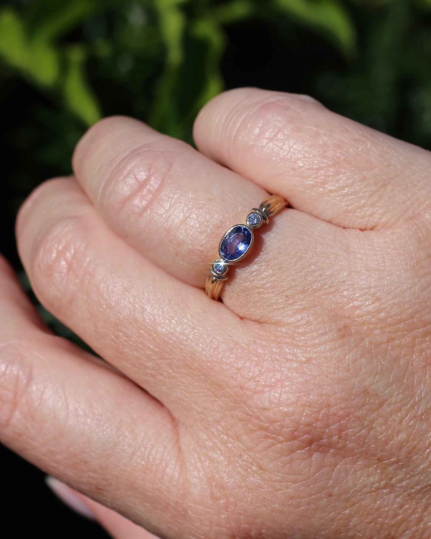 Vintage Bezel Set Cornflower Blue Sapphire and Diamond Ring, 9ct Yellow Gold, size O or 7.25