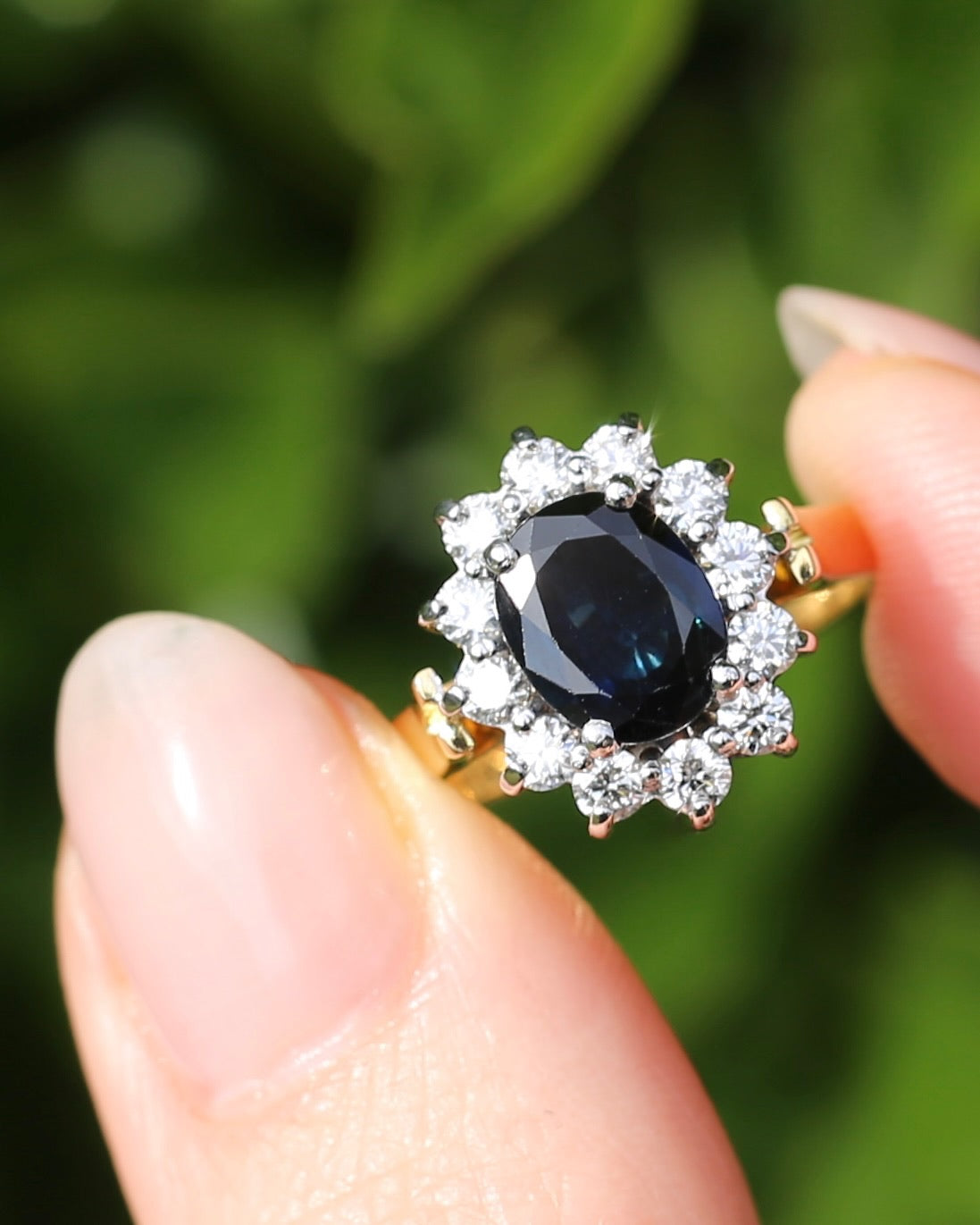 Vintage c1980s Diana Halo, Natural Sapphire and Diamond Halo, 18ct Yellow and White Gold, size P or 7.75 with valuation
