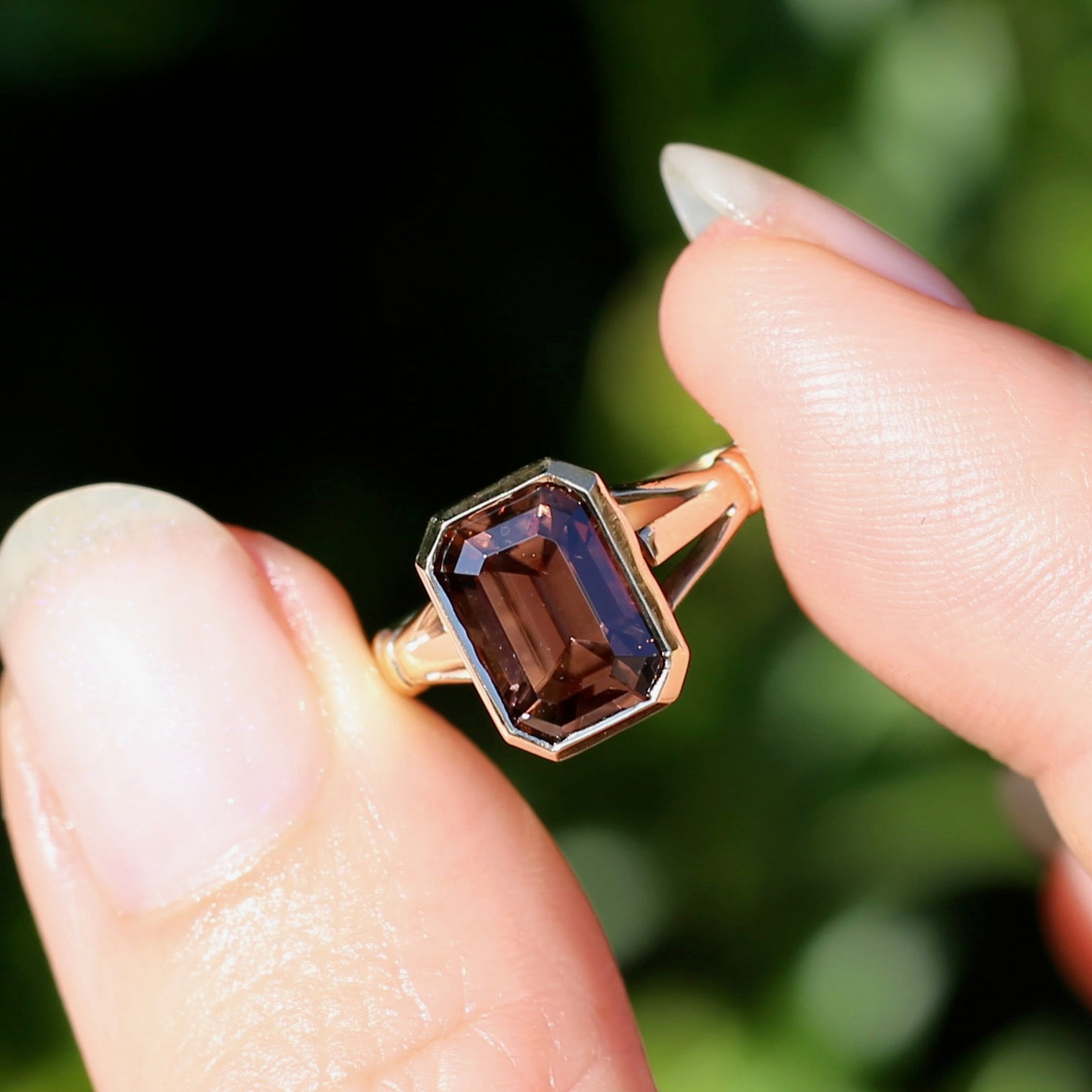 Custom Cut 4.36ct Octagonal Brown Zircon, Bezel Set, 9ct Yellow Gold, size L1/2 or 6
