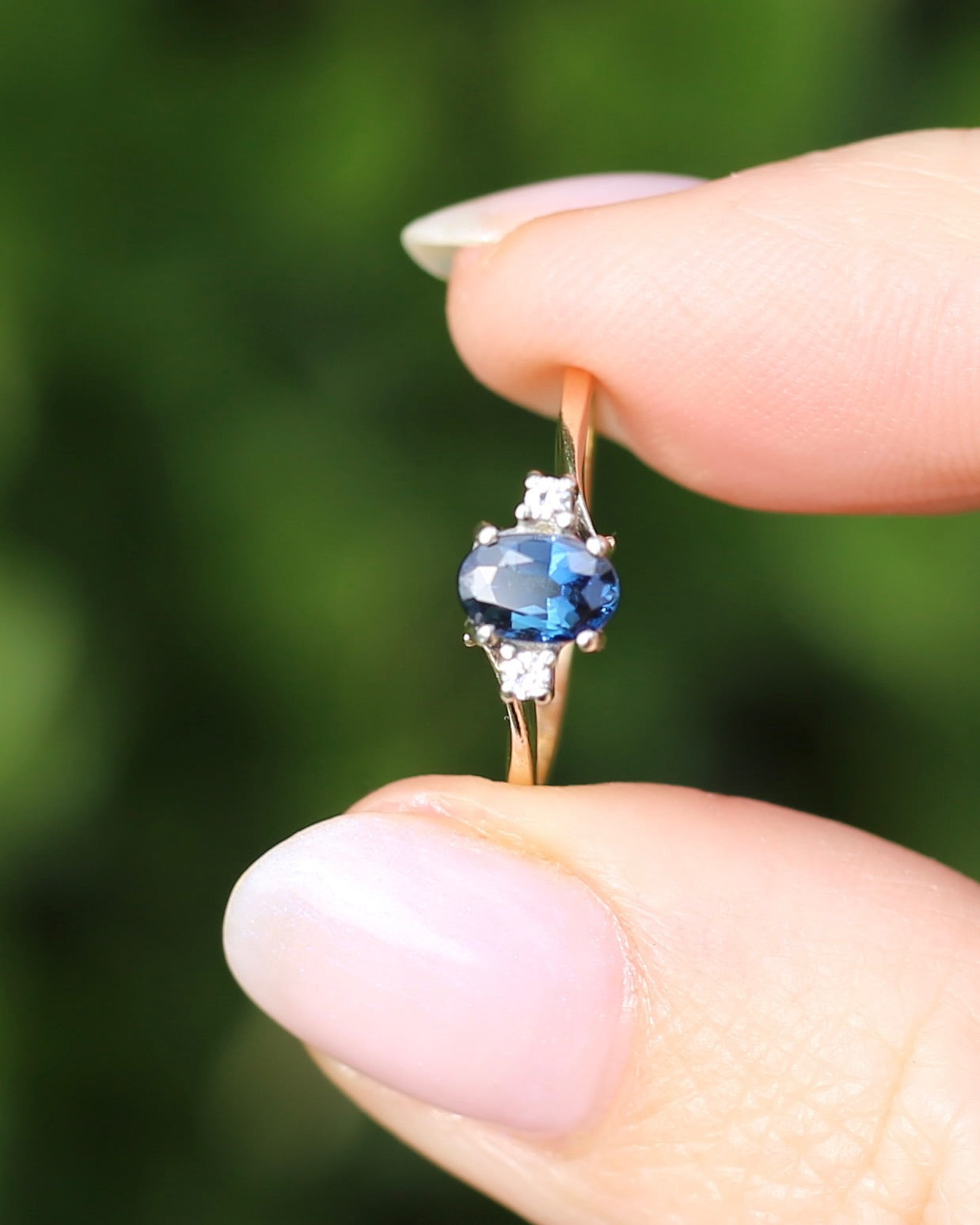 Vintage Natural Sapphire and Diamond Trilogy, 9ct Yellow and White Gold, size J or 4.75
