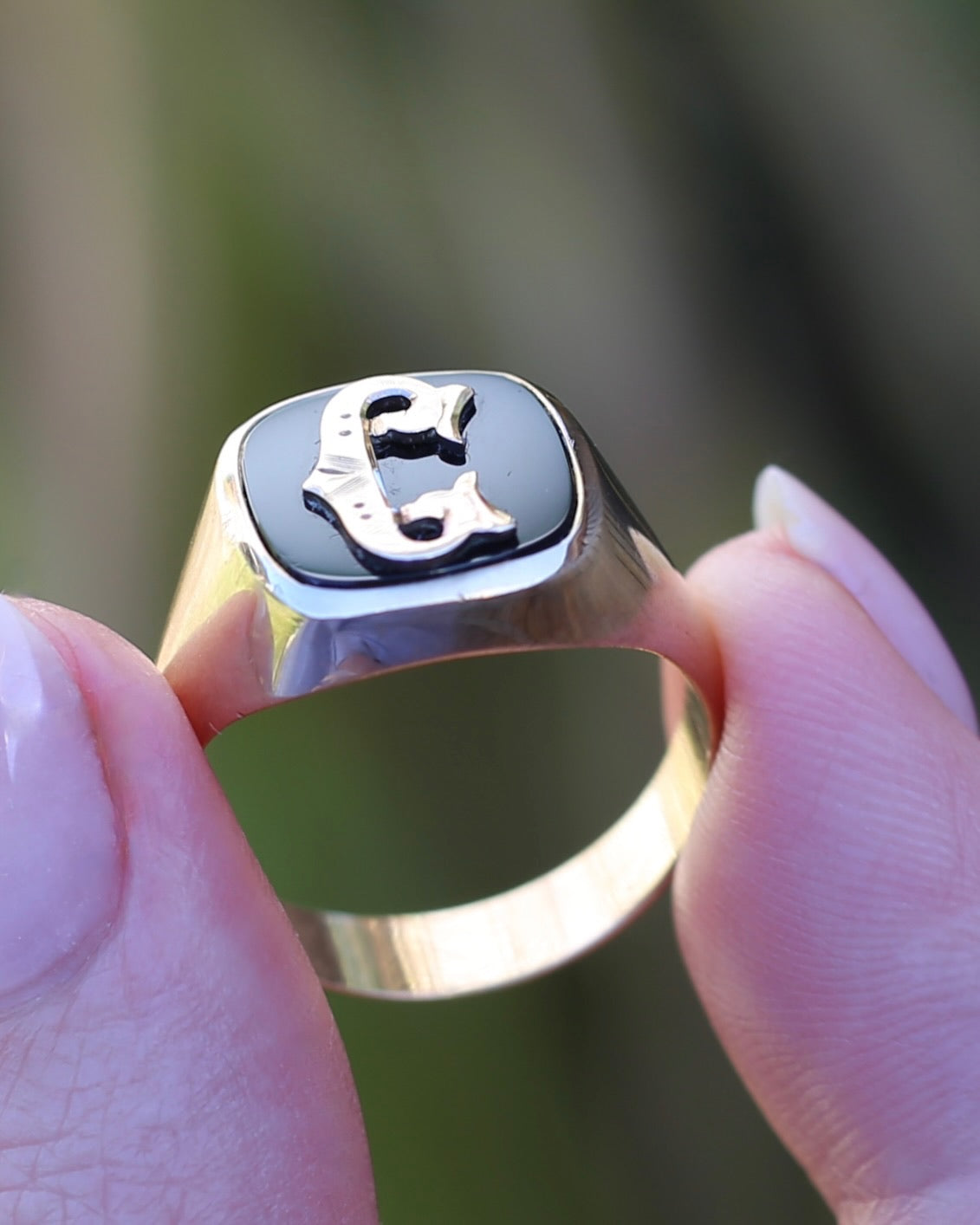 Vintage "C" Onyx Signet Ring, Bezel Set, Older Rosey Gold, size 9.5 or T