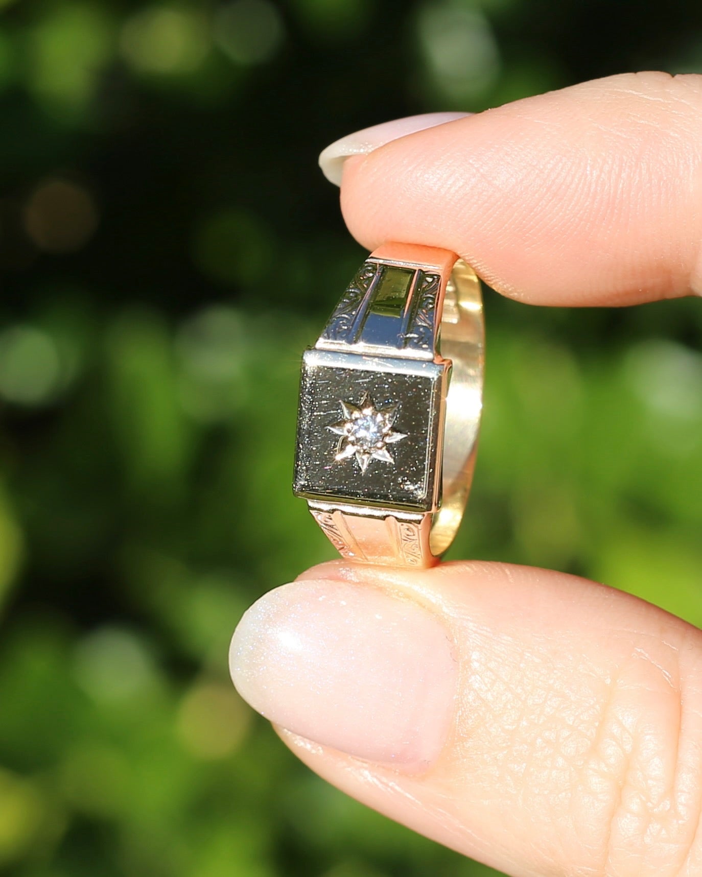 1984 Made Vintage Star Set Diamond Signet Ring, 9ct Yellow Gold, size V or 10.5