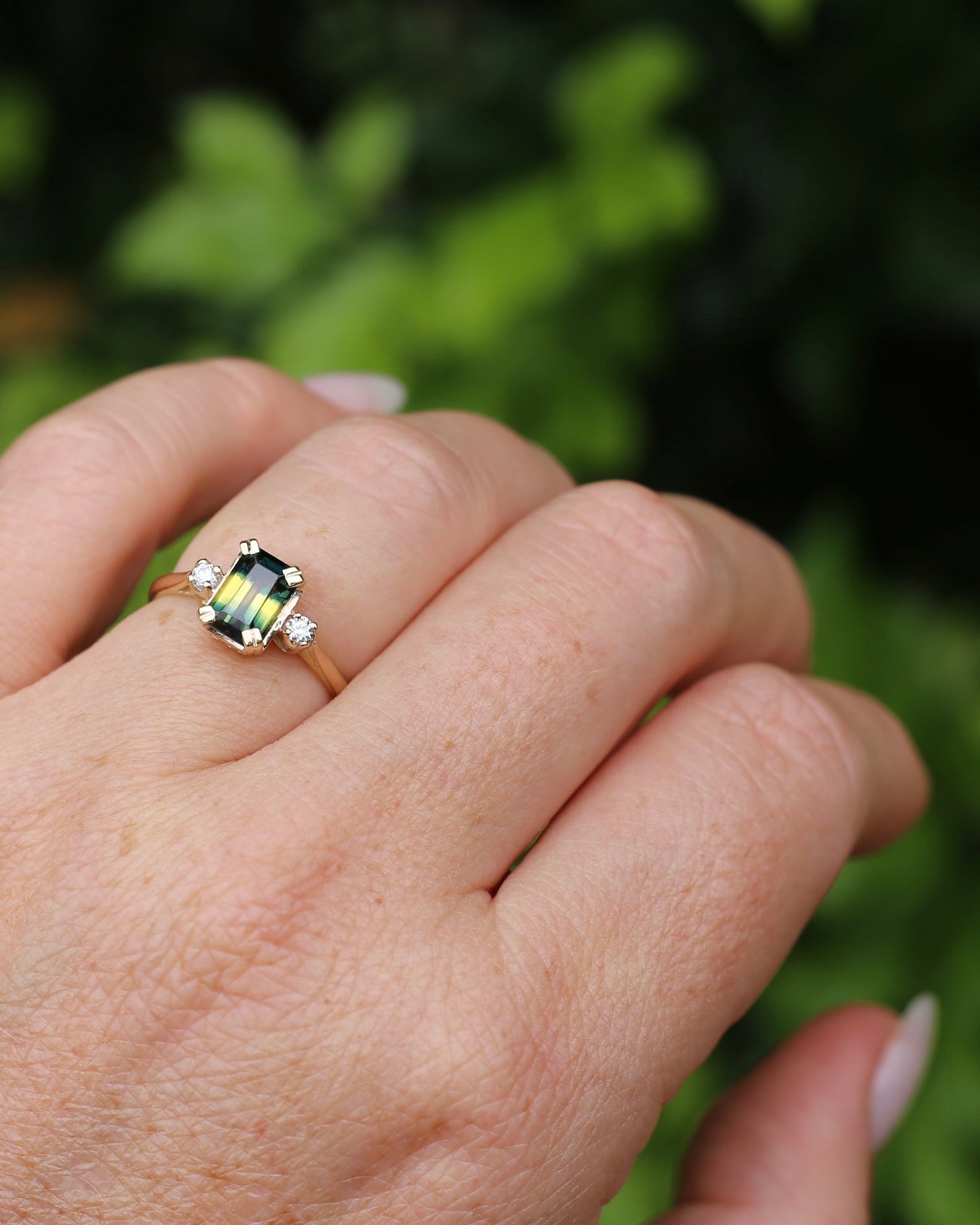 Vintage 1.5ct Emerald Cut Parti Sapphire and Diamond trilogy, 9ct Yellow Gold, size N or 6.75