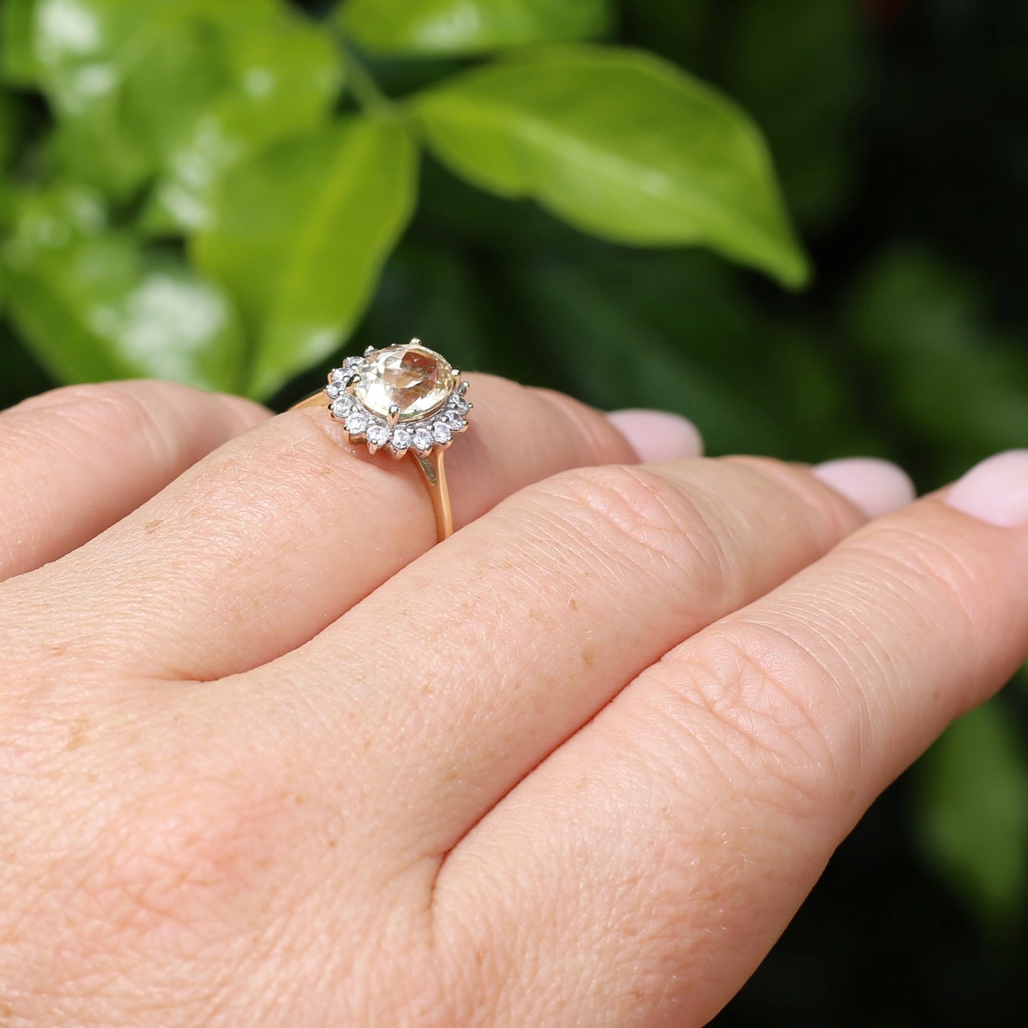 1.47ct Rare Light Pinkish Yellow Feldspar (Orthoclase) with Diamond Halo, 9ct Yellow Gold, size M or 6.25, with valuation