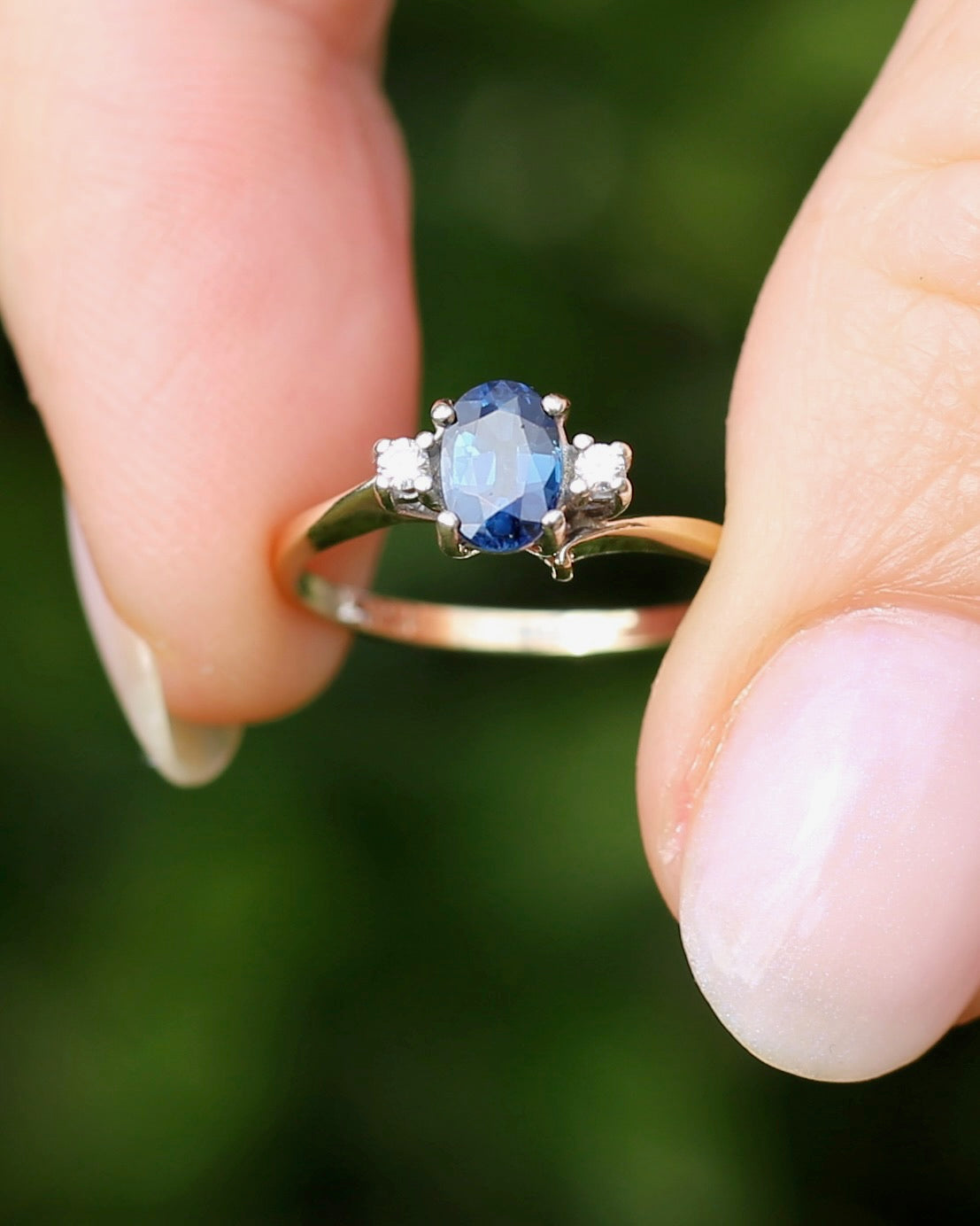 Vintage Natural Sapphire and Diamond Trilogy, 9ct Yellow and White Gold, size J or 4.75