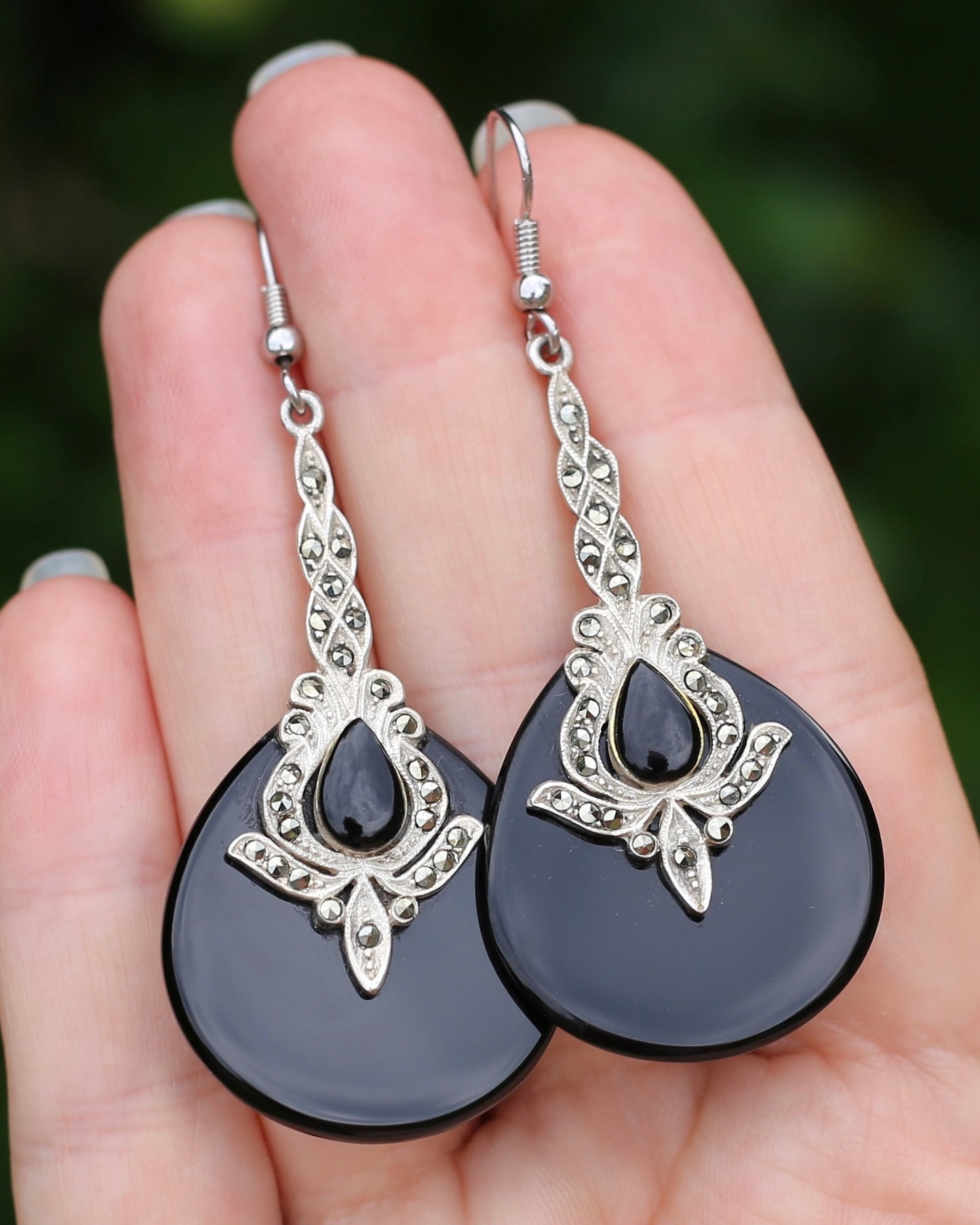 Vintage Onyx and Marcasite Silver Earrings, 13.8g