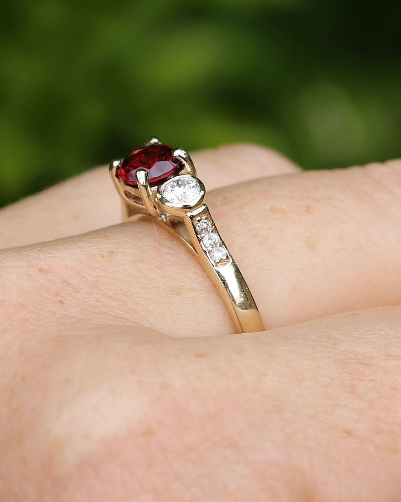 East African Rhodolite Garnet and Diamond Dais Trilogy, 9ct Yellow Gold, size S or 9.25