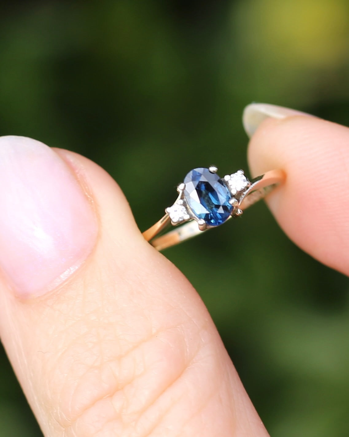Vintage Natural Sapphire and Diamond Trilogy, 9ct Yellow and White Gold, size J or 4.75