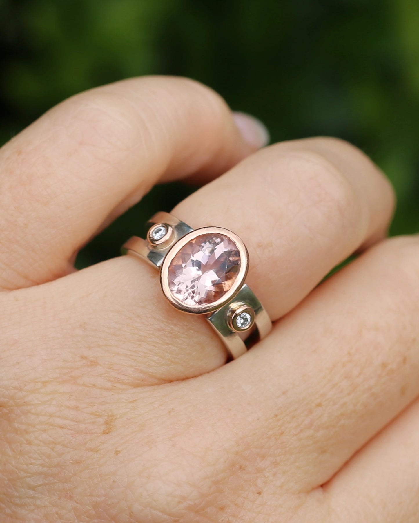 Chunky Bezel Set Morganite and Diamond Ring, 9ct Rose Gold and Silver, size P or 7.5 (fits smaller)