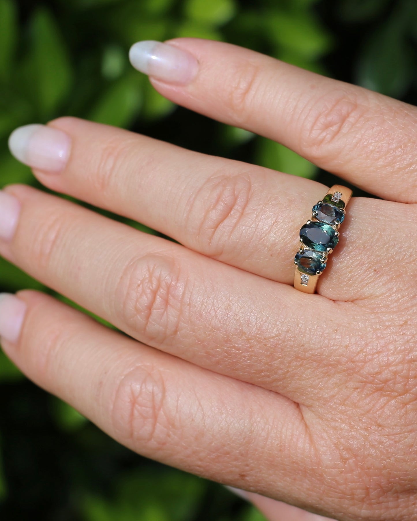 2.1ct Parti Sapphire Trilogy with Channel Set Diamonds, in Vintage 9ct Yellow Gold Ring, size O or 7.25
