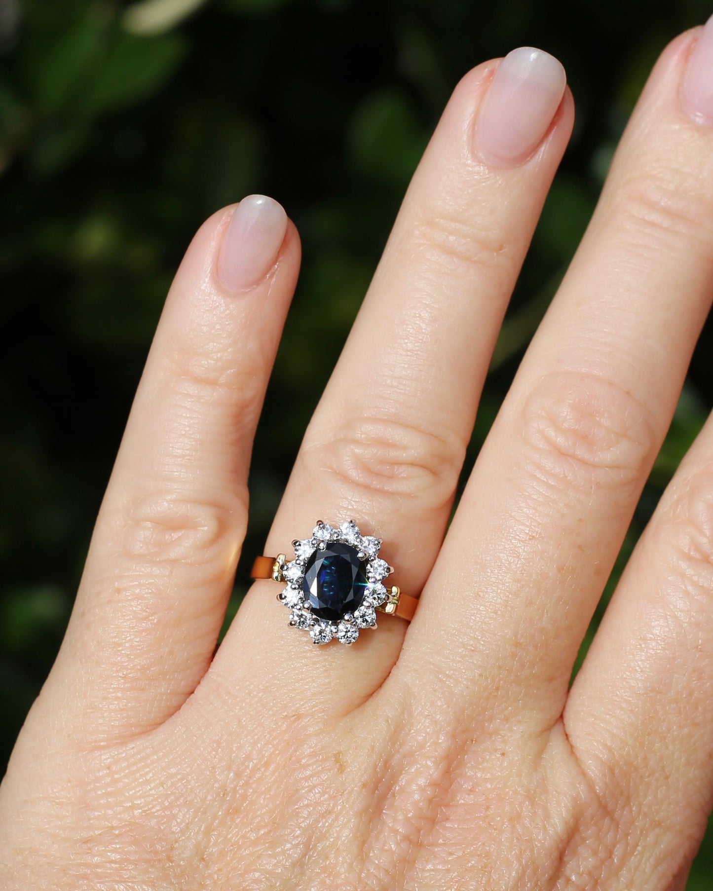 Vintage c1980s Diana Halo, Natural Sapphire and Diamond Halo, 18ct Yellow and White Gold, size P or 7.75 with valuation