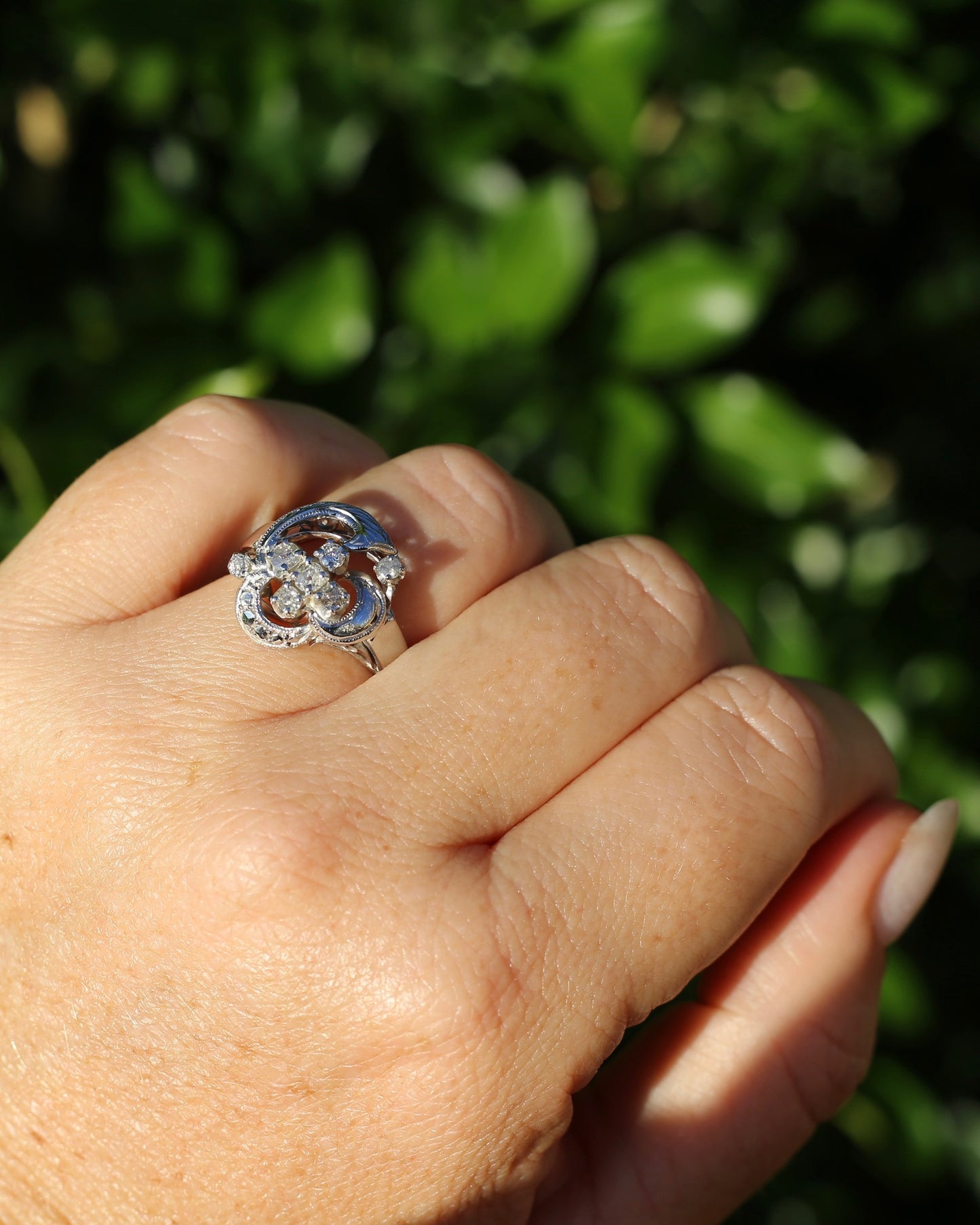 Old Cut and Early Brilliant Cluster Clover Ring, 9ct White Gold, size O or 7