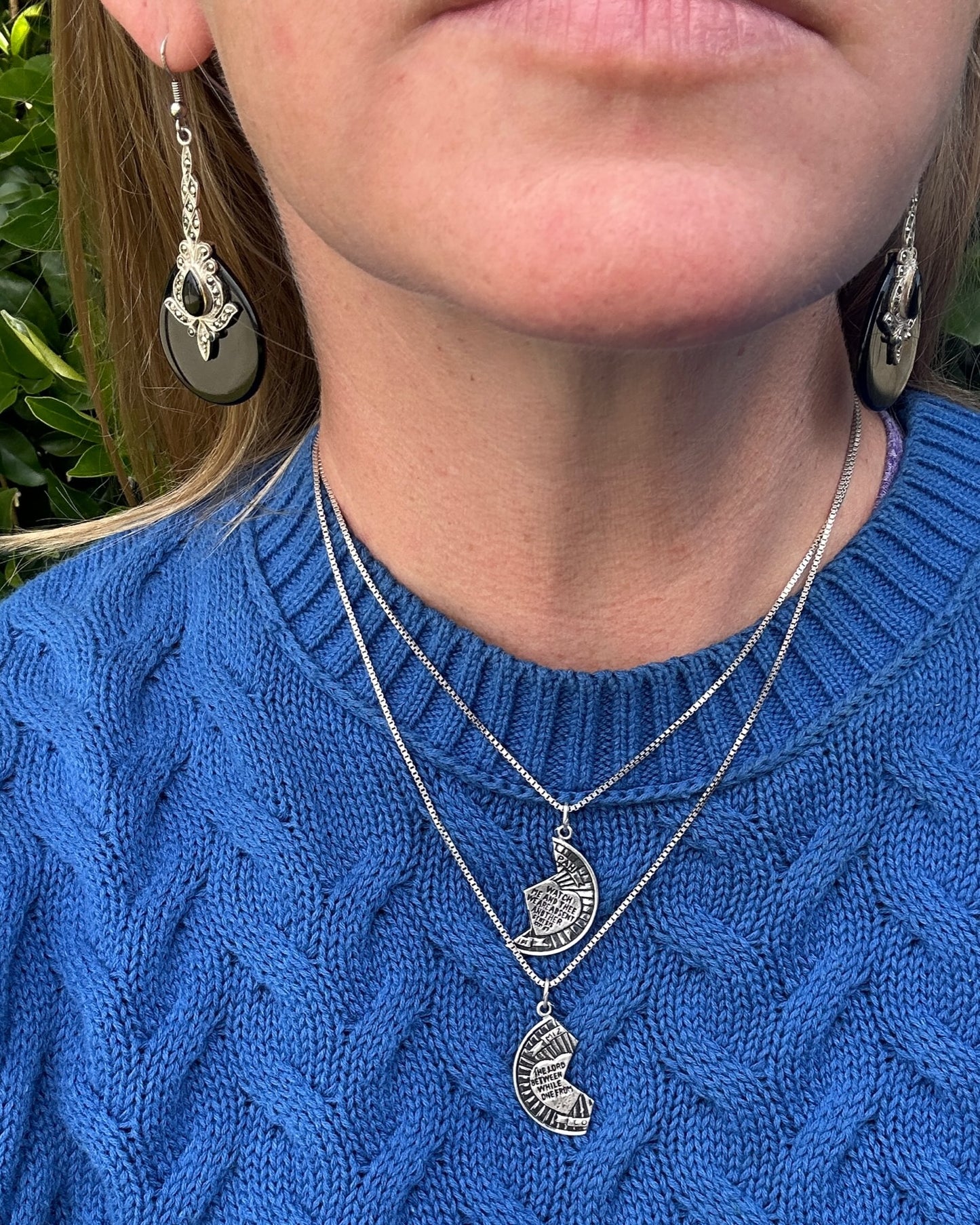 Pair of Vintage Mizpah Pendants on chains, Sterling Silver, 5g (combined) and 7.1g chains