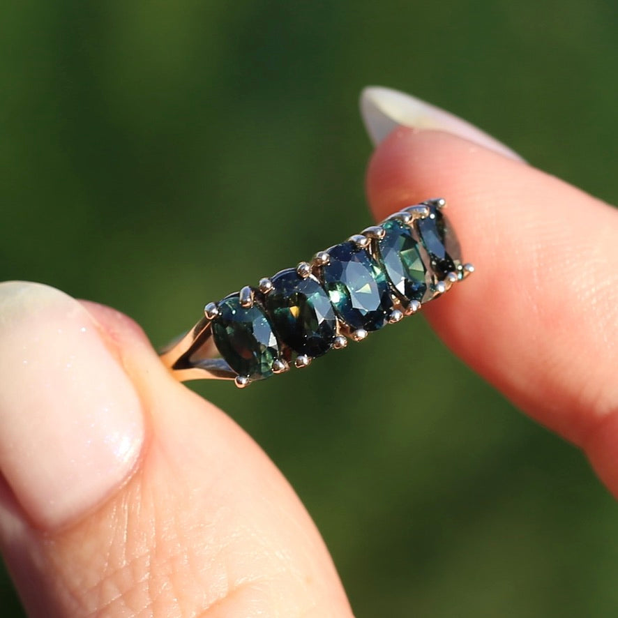 3 Carat Five Stone Parti Sapphire Ring, 9ct Yellow Gold, size R1/2 or nearly 9, with valuation