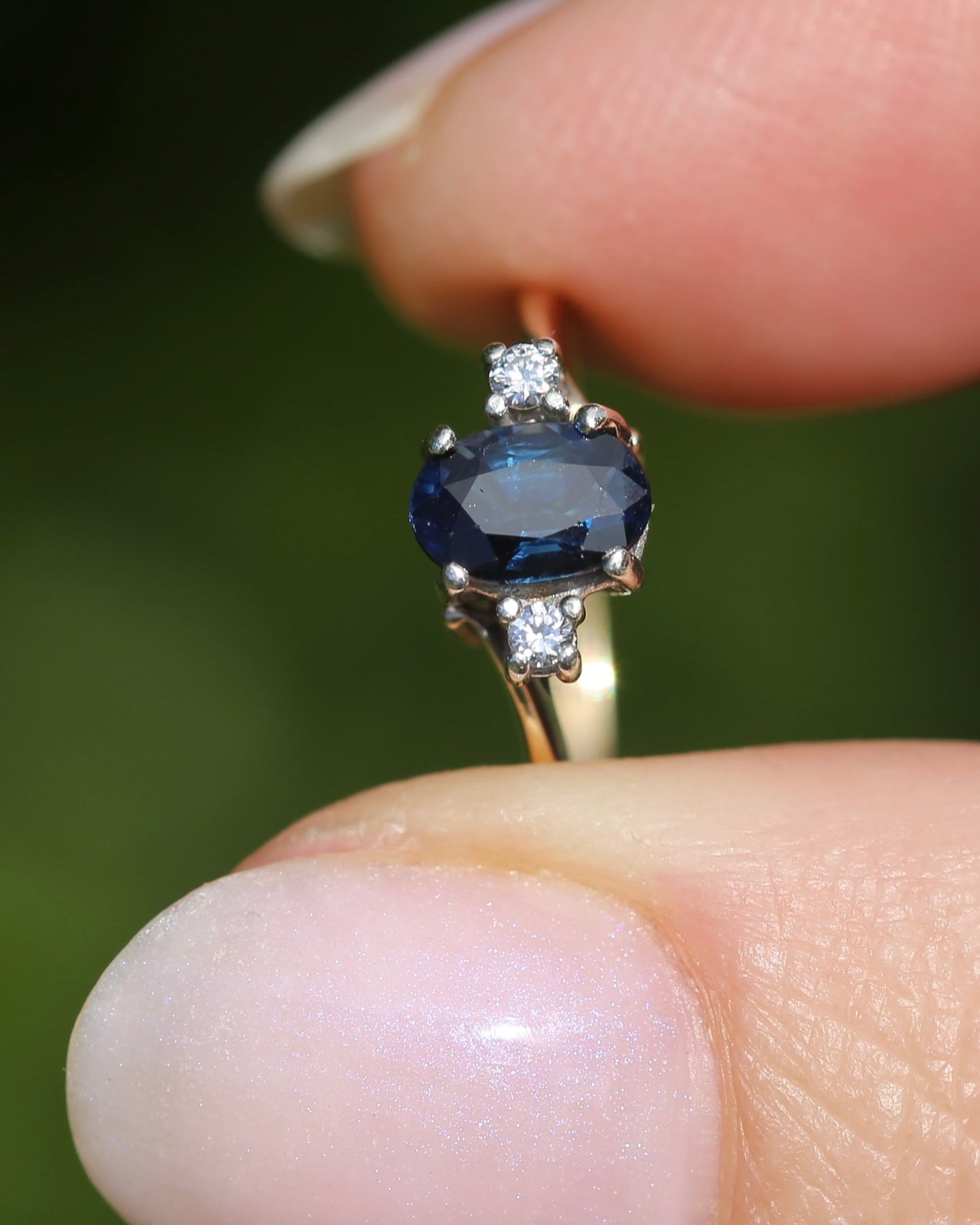 Vintage Natural Sapphire and Diamond Trilogy, 9ct Yellow and White Gold, size J or 4.75